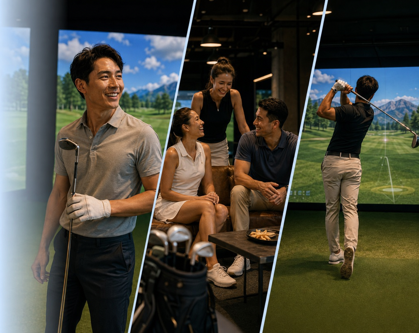 Golfers socializing and playing together at an Orby Golf indoor simulator.