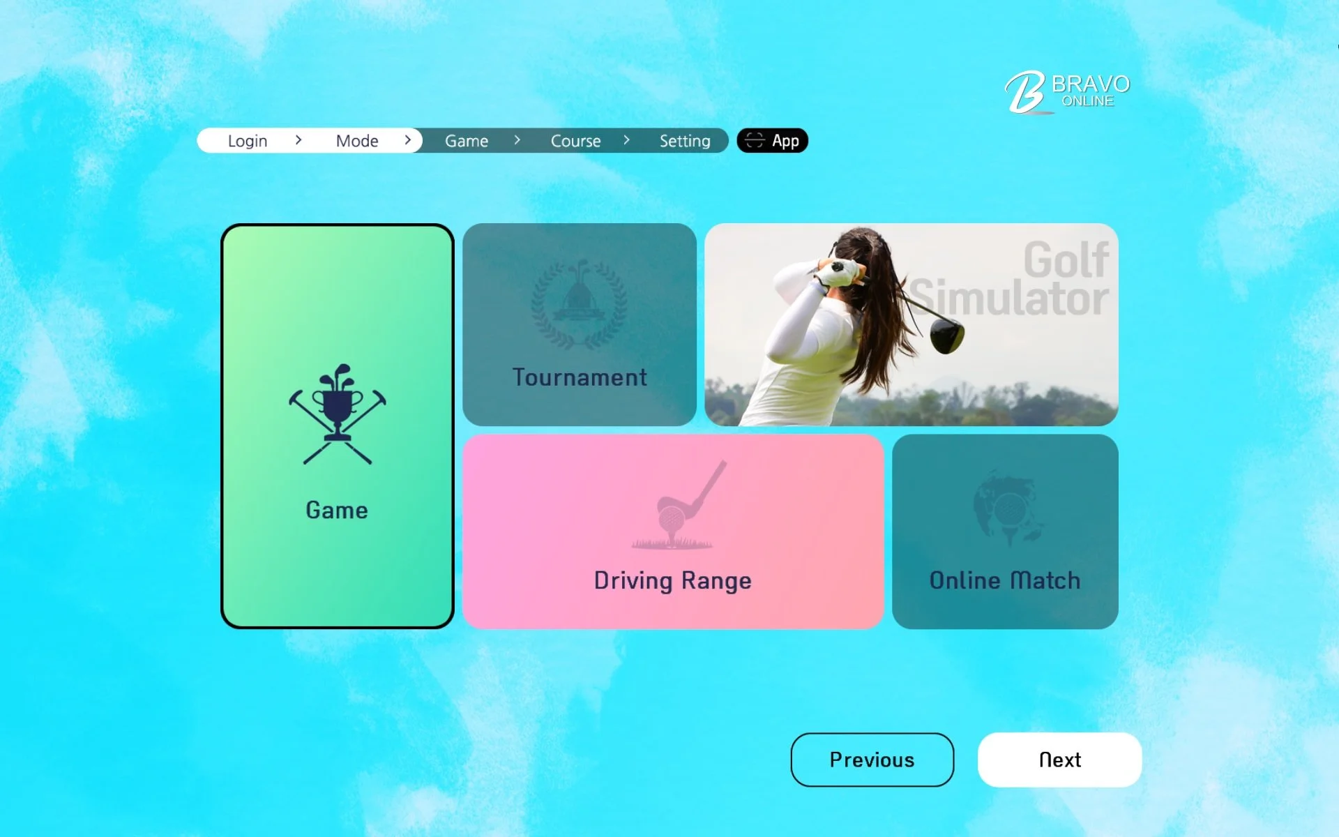 Bravo Golf practice and game-mode selection menu.