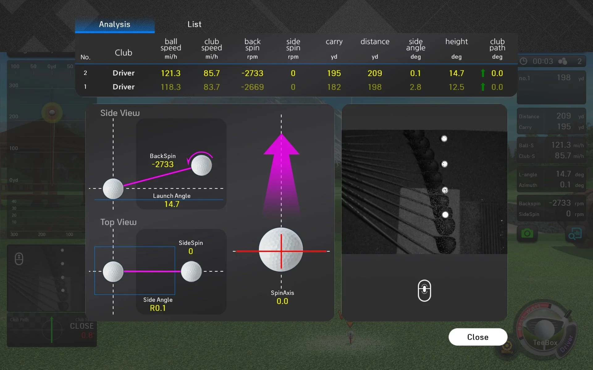 Bravo Golf ball-flight and club-data results screen.