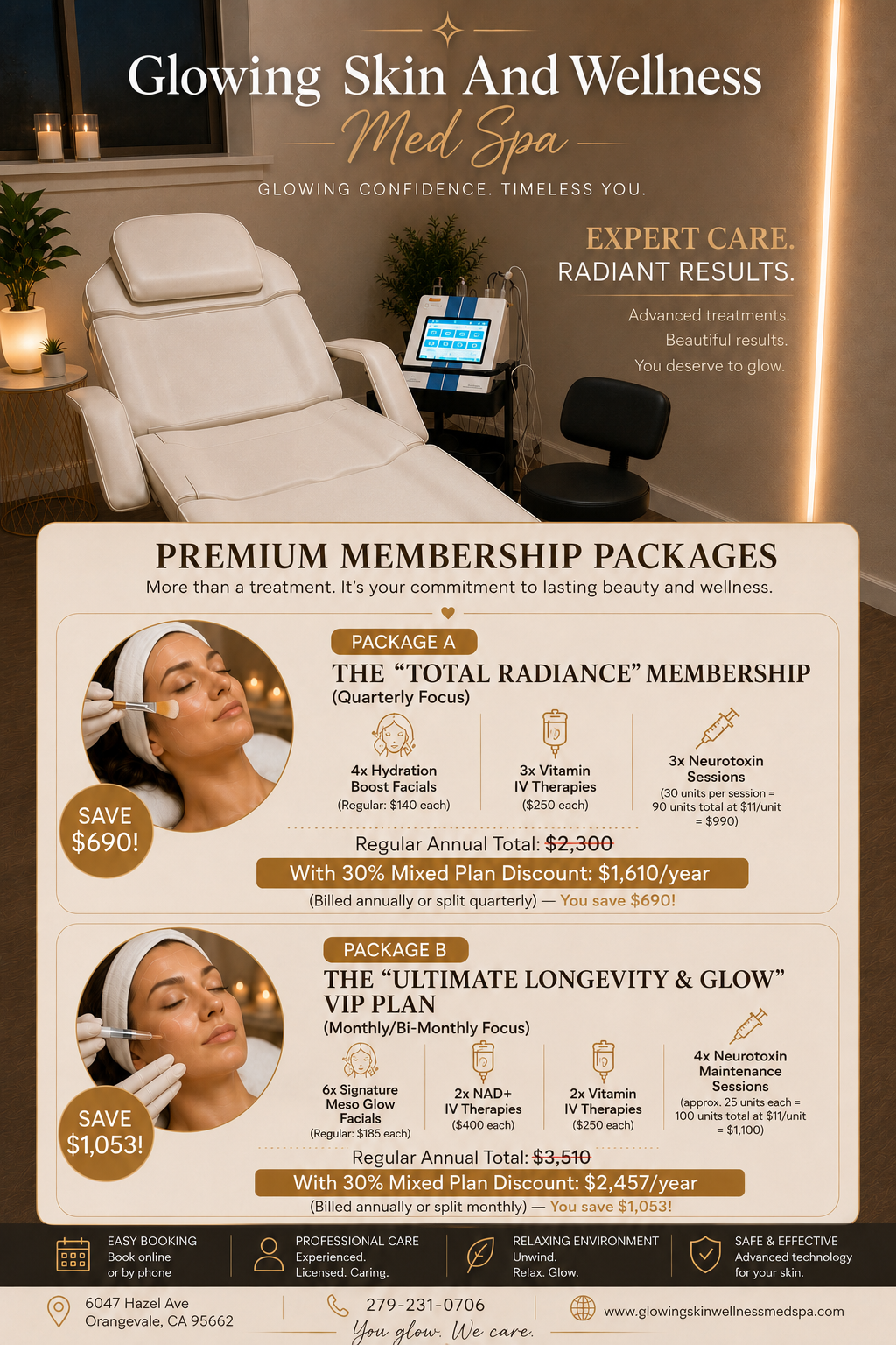A promotional poster inside a med spa featuring a treatment room with a massage chair, potted plants, and a device on a stand. The poster advertises premium membership packages for skincare treatments, highlighting Package A and Package B with details about their services and discounts.