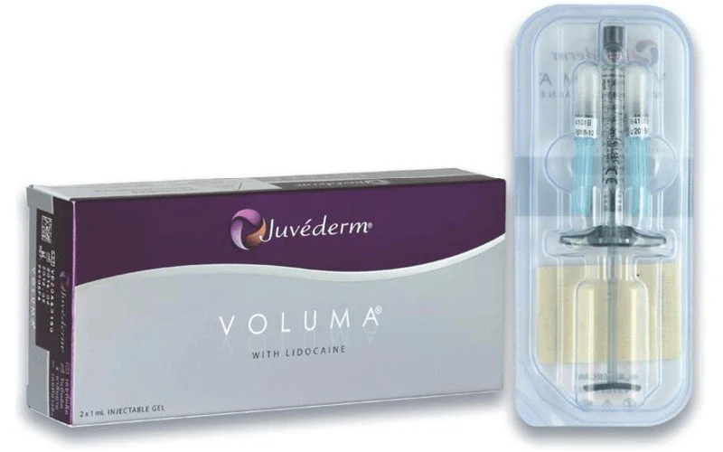 Box of Juvederm Voluma with lidocaine and two syringes in a plastic tray.