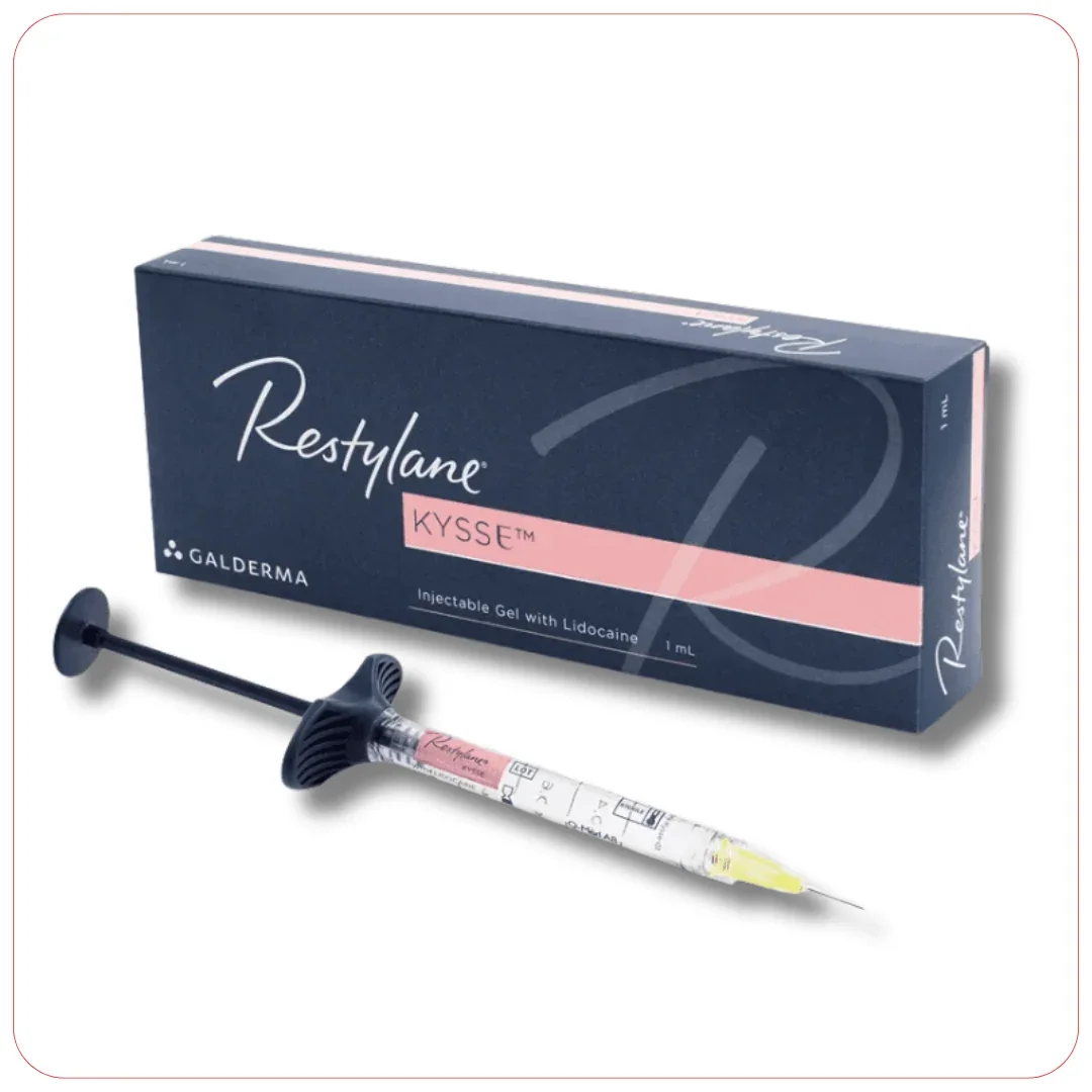 A box of Restylane KYSSÉ injectable gel with lidocaine, with a syringe placed underneath it.