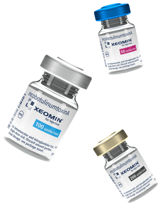 Three vials of Xeomin, a botulinum toxin medication, labeled for different unit doses of 50, 100, and 200 units.