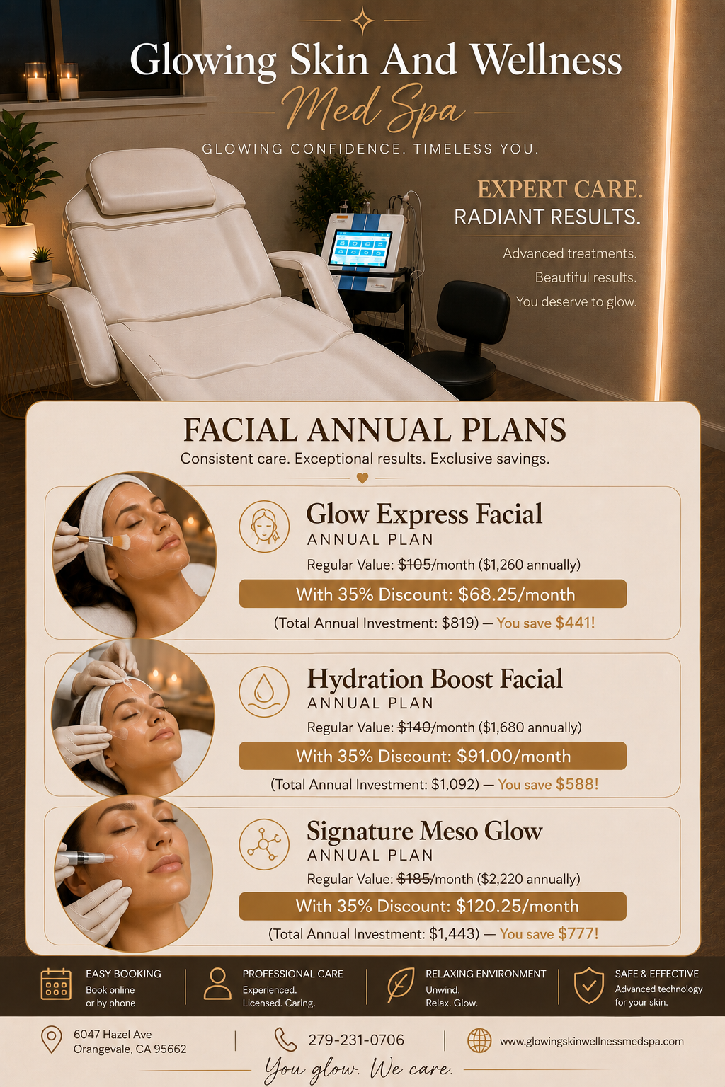 Interior view of a med spa treatment room with a treatment chair, a small table with candles, and a screen for treatments. Promotional flyer for facial plans, showing images of women receiving skincare treatments and listing prices and discounts.