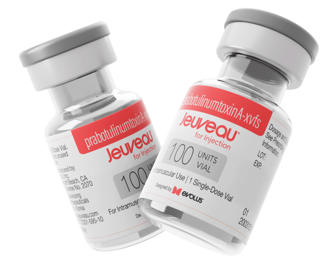 Two bottles of Jeuveau, a botulinum toxin injectable, with red and white labels, sitting side by side against a black background.