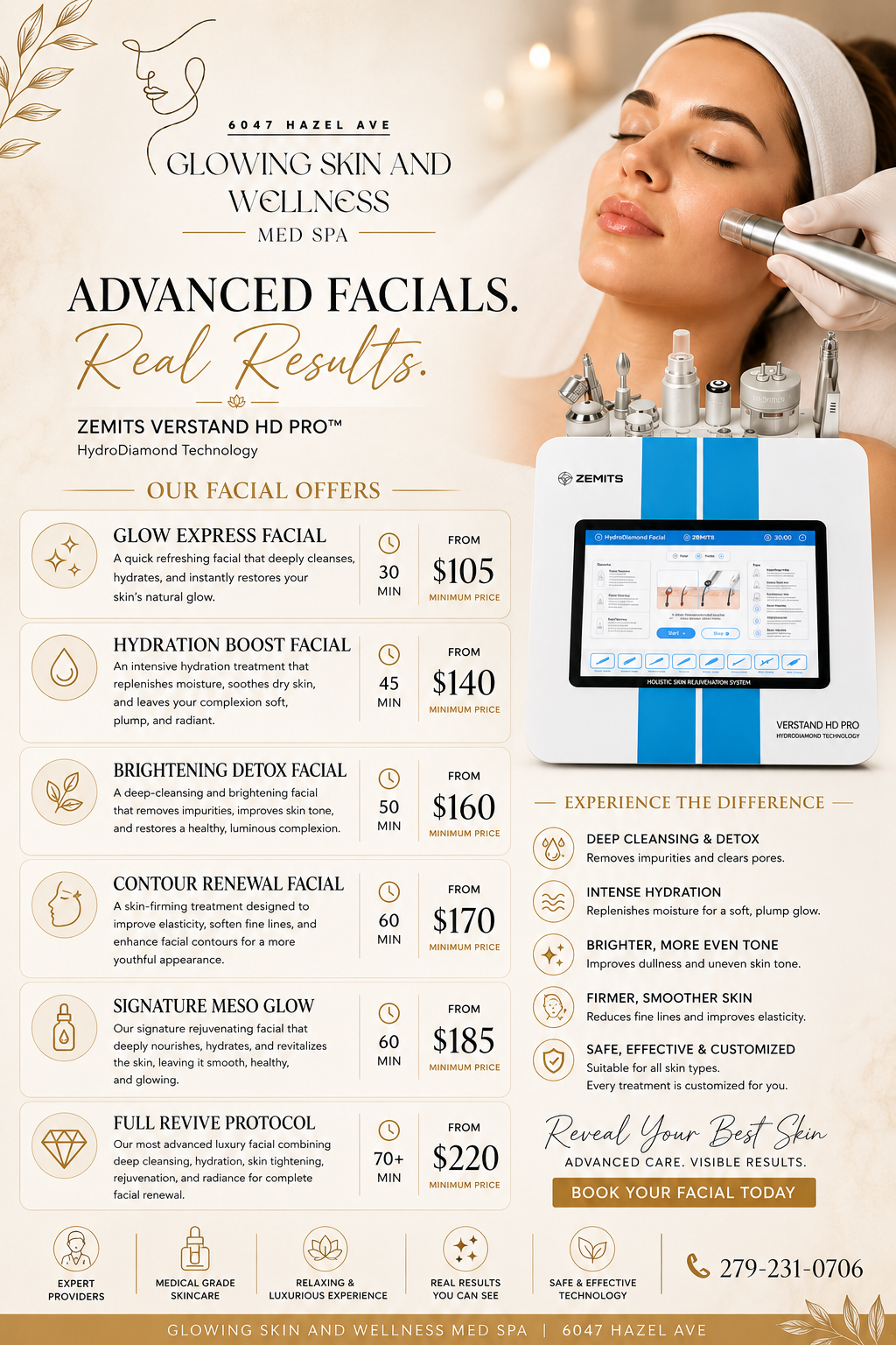 A promotional flyer for Glowing Skin and Wellness Med Spa featuring advanced facial treatments, prices, durations, and a technician performing a facial on a woman with closed eyes.