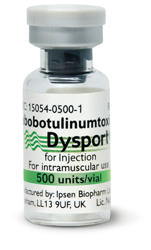 A small vial labeled Dysport, used for injection. The label indicates it contains 500 units per vial, manufactured by Ipsen Biopharm.