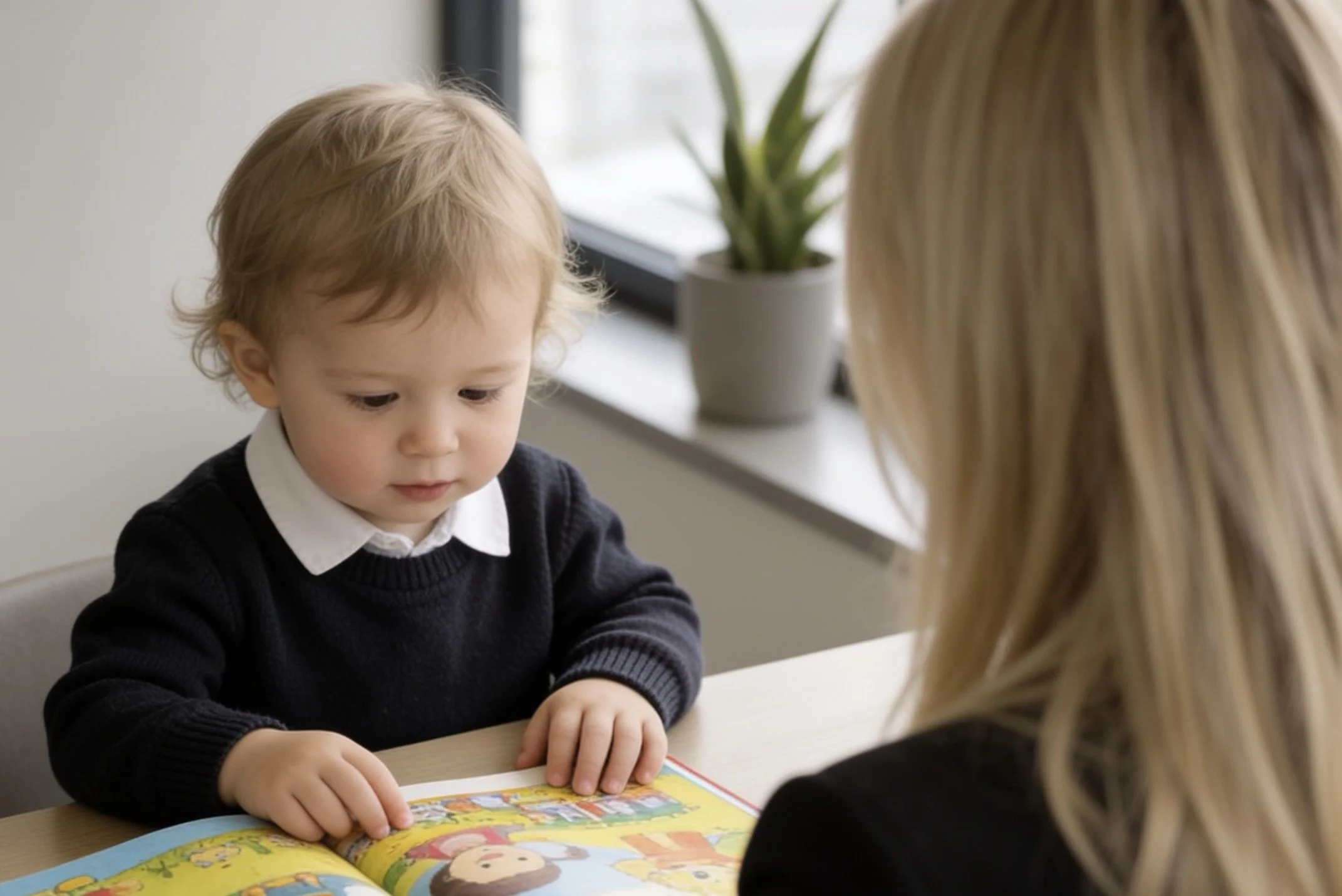 A young boy with blond hair looking at a colorful children’s book with a woman with long blond hair sitting across from him in a bright room with a potted plant on the windowsill.