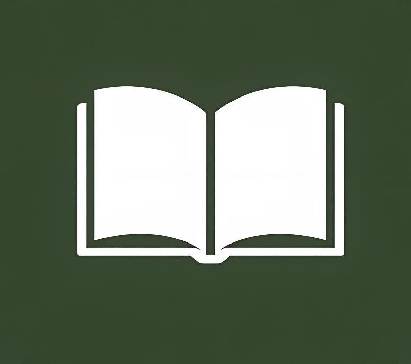 Icon of an open book on a dark green background.