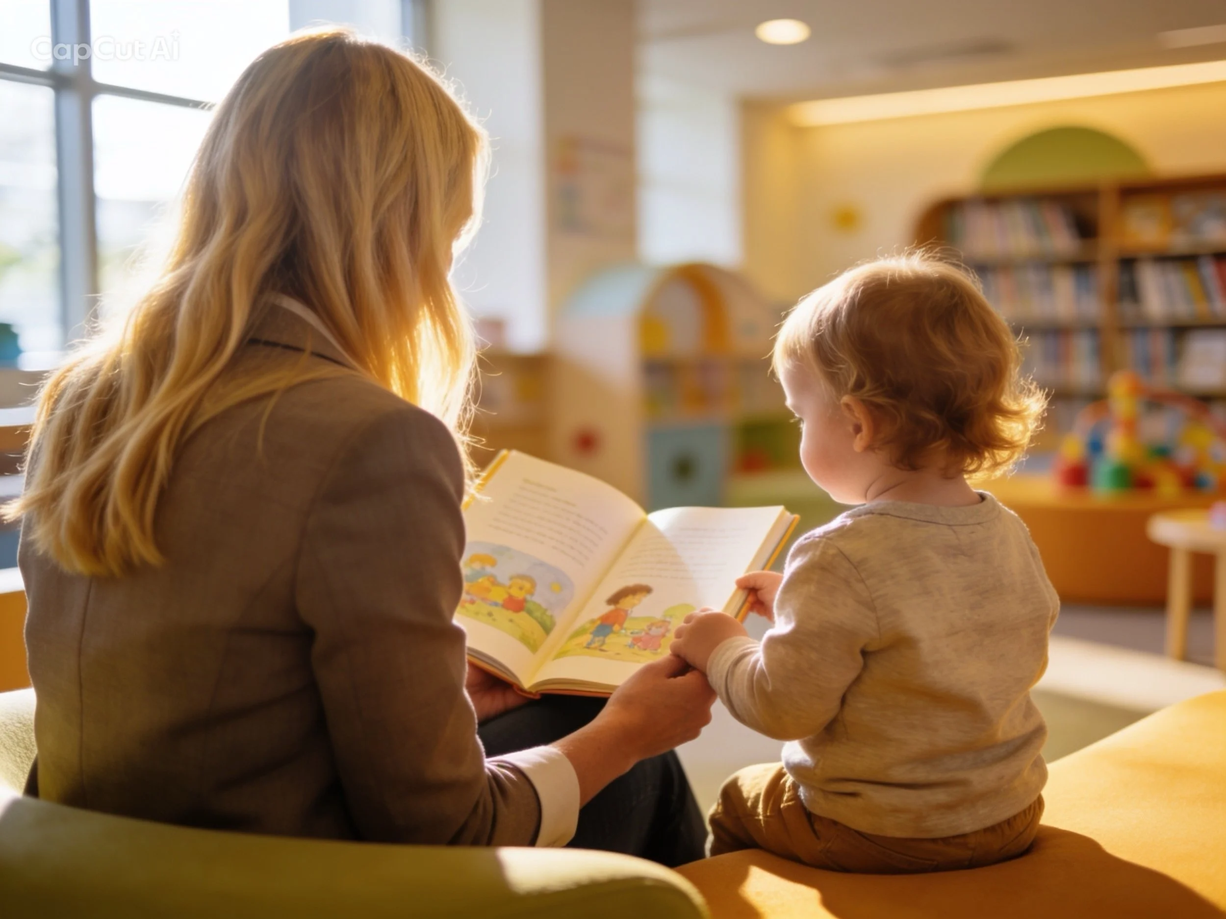 A woman reading a children's book to a young child in a library.