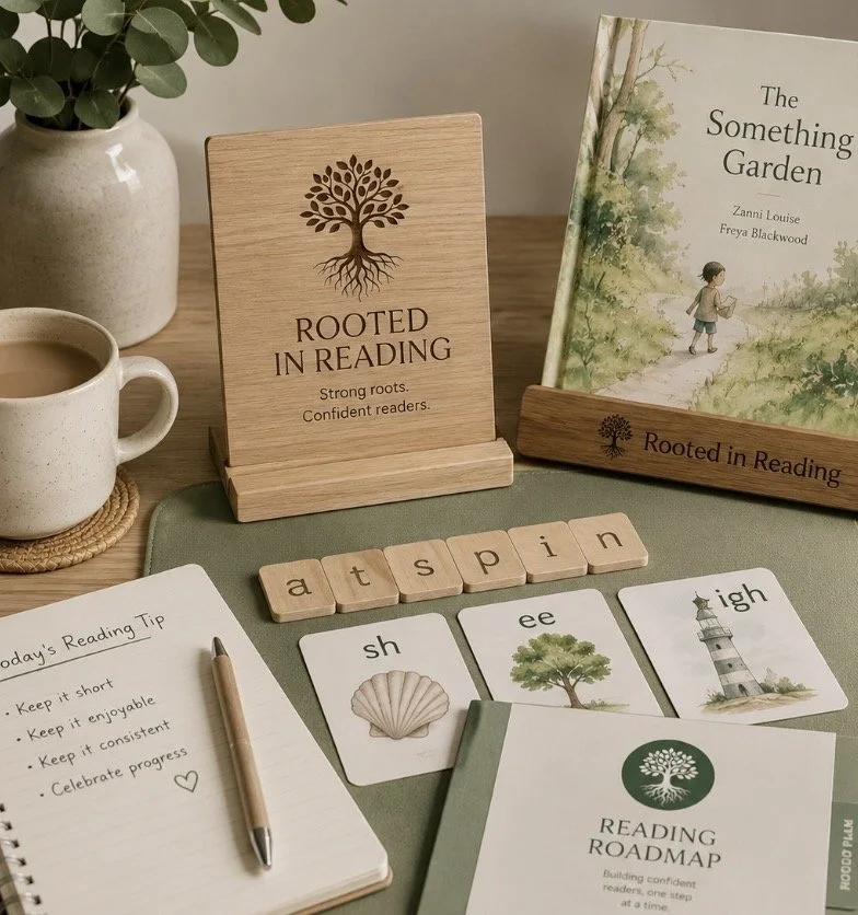A reading and learning setup with a book titled "The Something Garden", a wooden sign reading "Rooted in Reading", a cup of coffee, a notepad with reading tips, letter tiles spelling "ats pin", and flashcards with words and images related to reading.