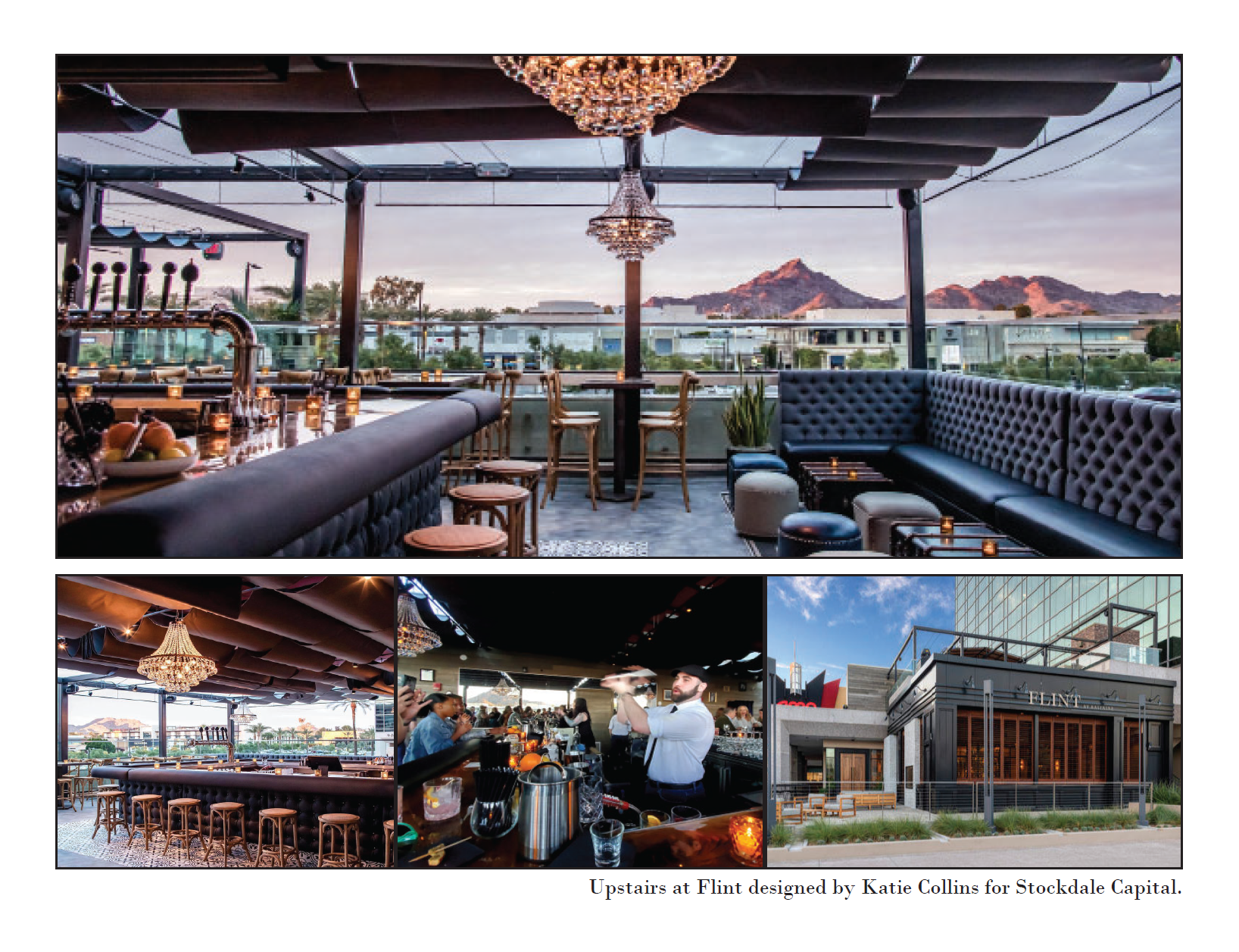 A rooftop restaurant and bar with modern decor, plush seating, chandeliers, and mountain views, designed by Katie Collins for Stockdale Capital.