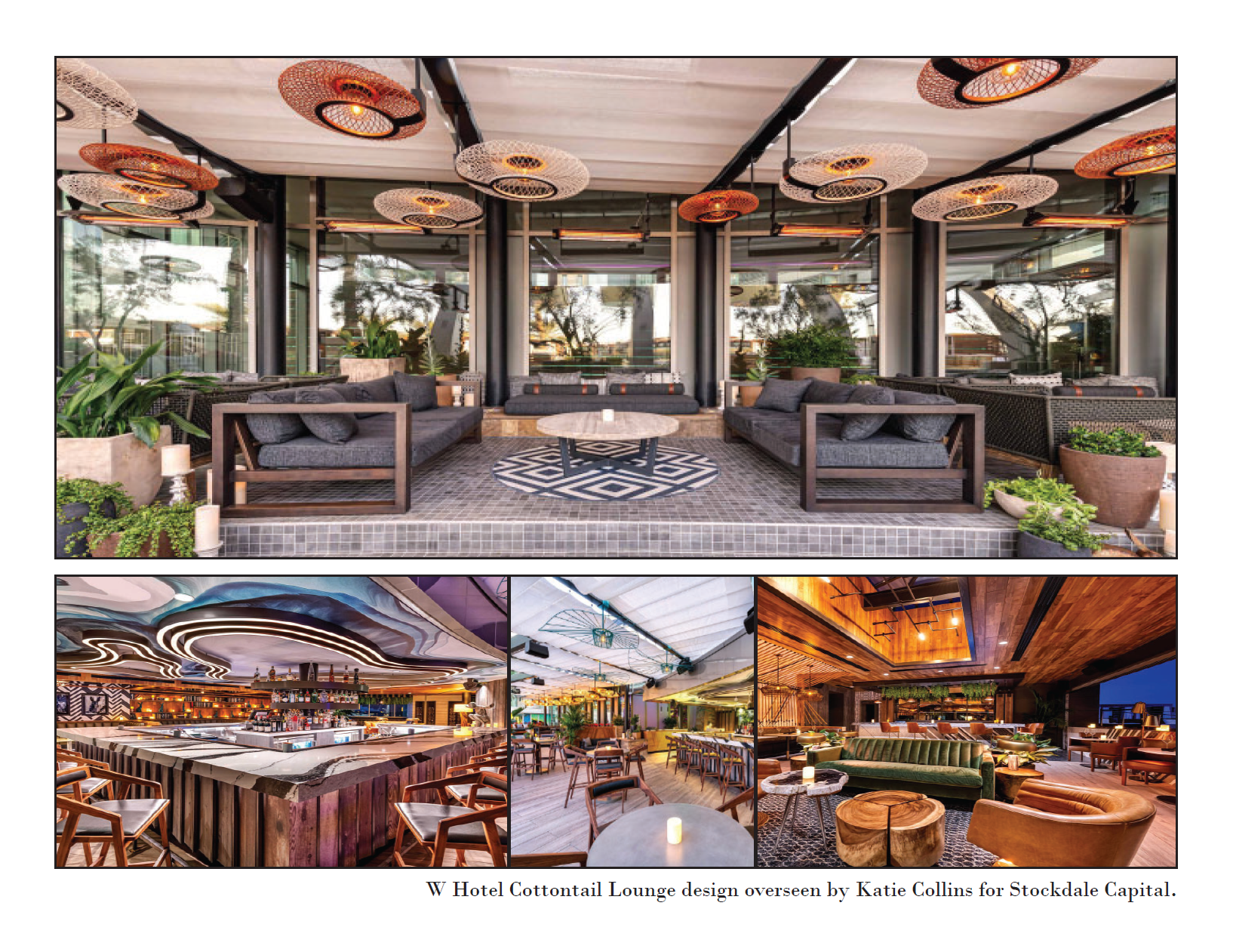 Interior of a luxurious hotel lounge with large windows, gray sofas, and decorative lighting fixtures hanging from a wooden ceiling.