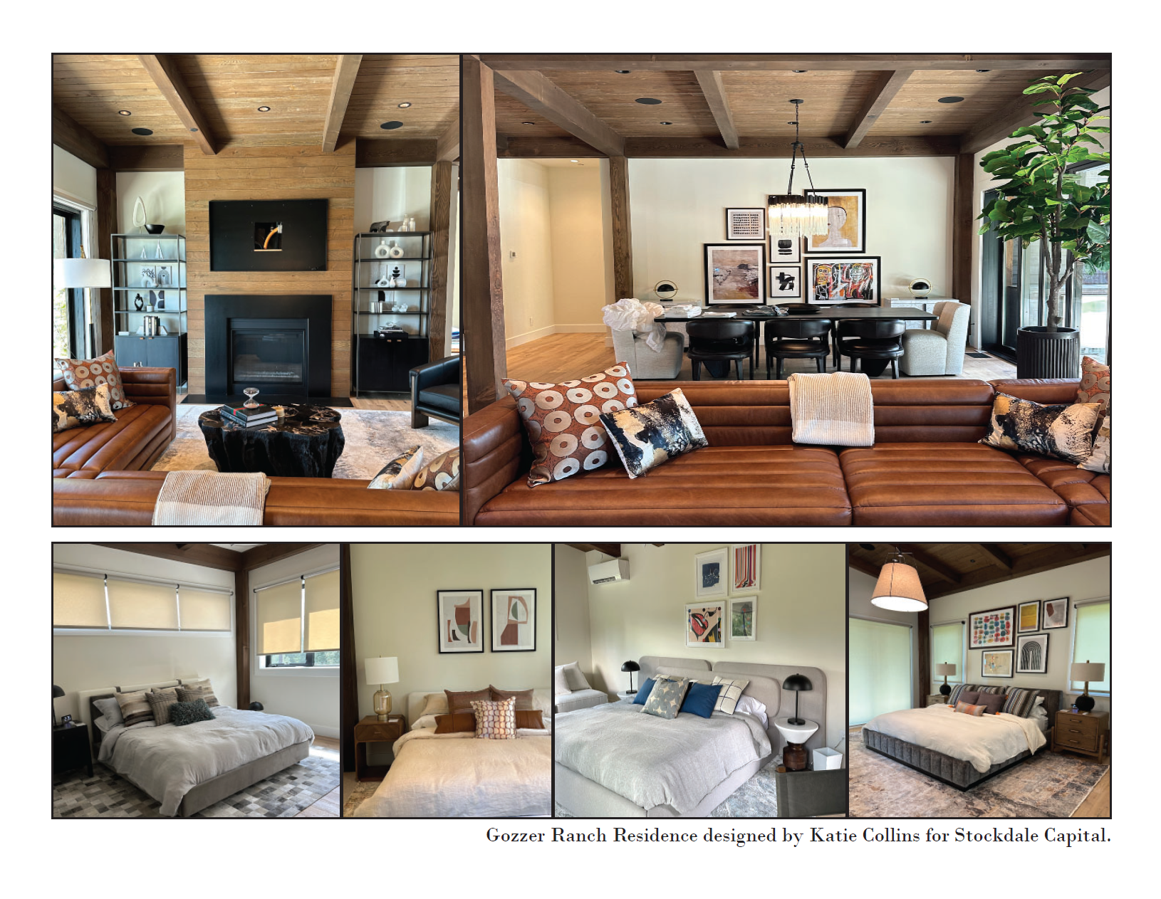 Collage of interior views of Gozzer Ranch Residence, showing living rooms with modern decor and bedrooms with neutral tones and artwork.