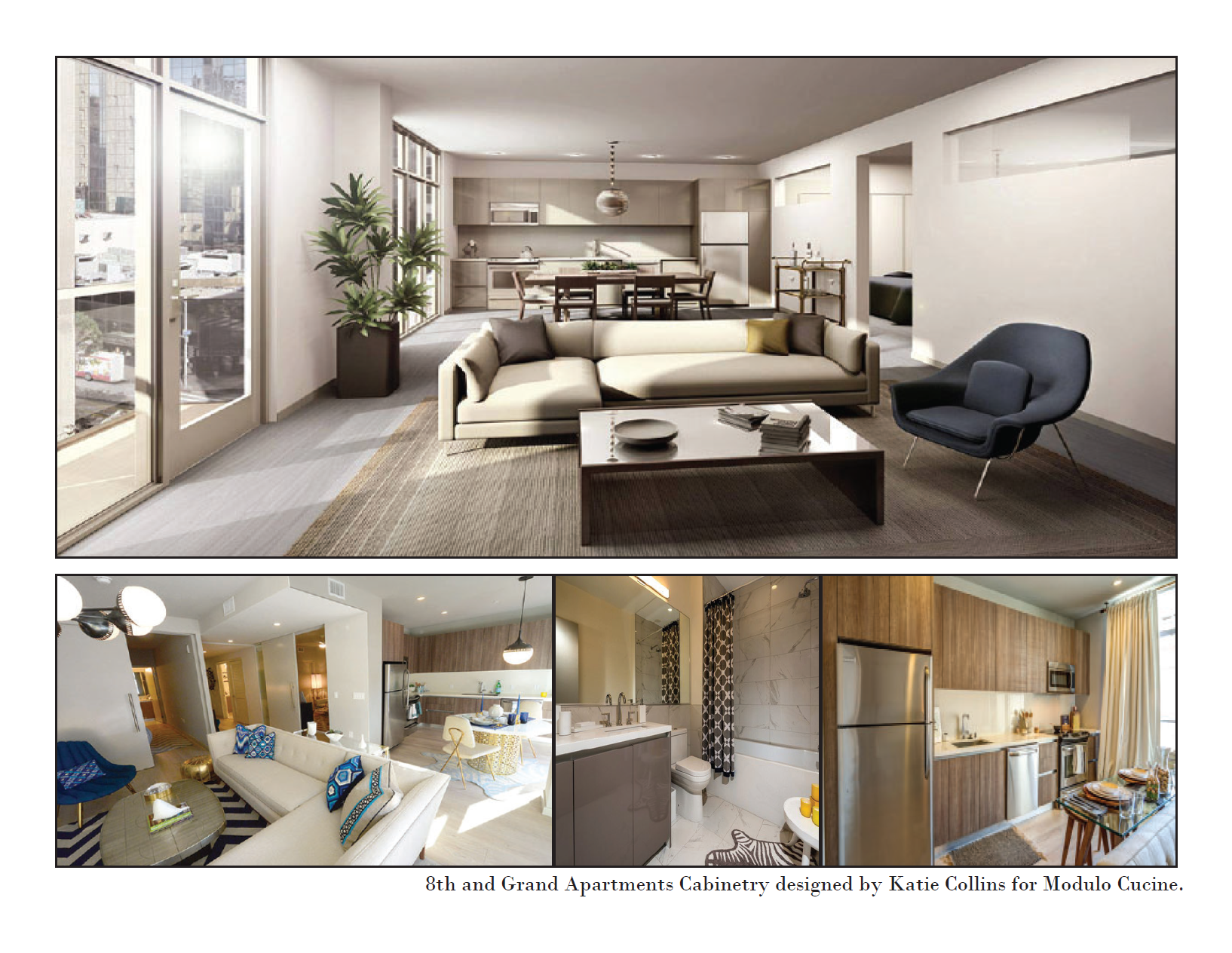 Collage of modern apartment interiors featuring a living room, kitchen, and dining area with natural light and contemporary furnishings.