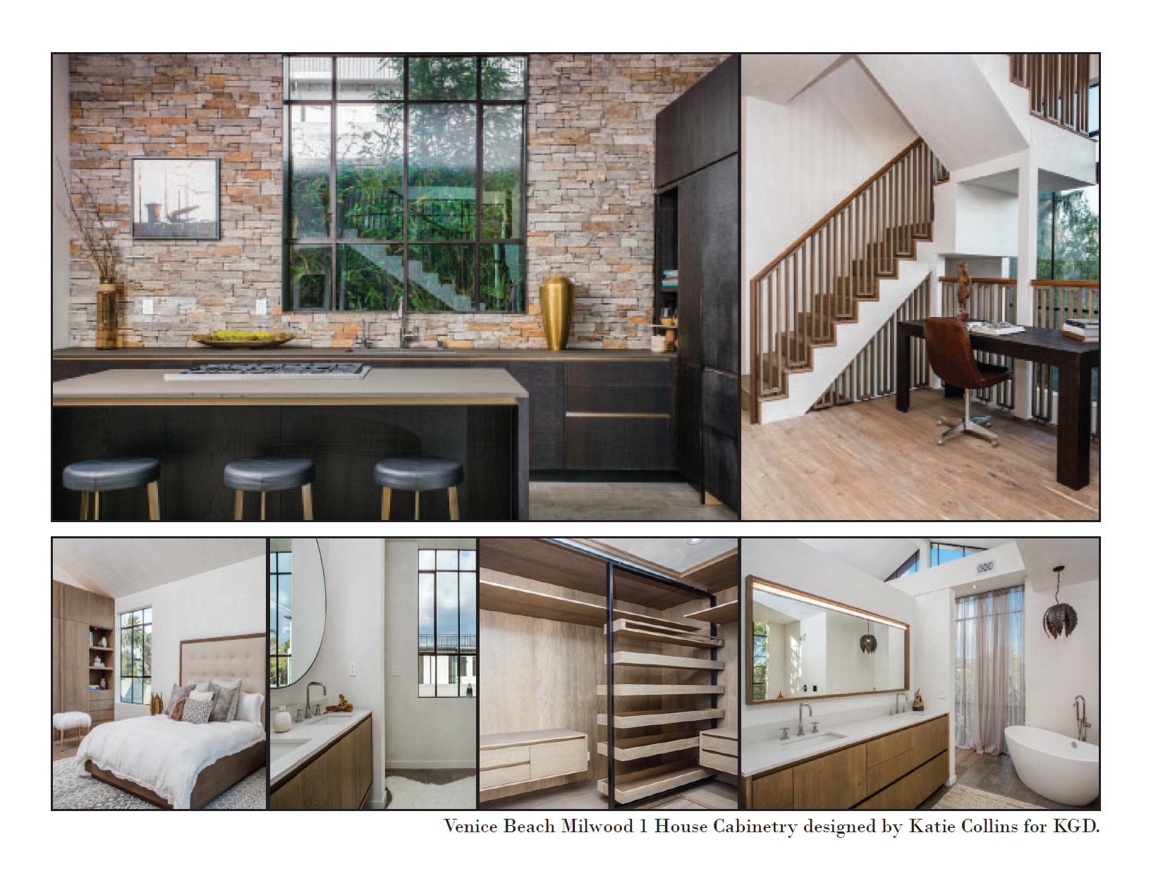 Collage of interior house design elements, including kitchen, staircase, bedroom, closet, and bathroom, with a caption indicating it is a project by Katie Collins for KGD at Venice Beach in Milwood.