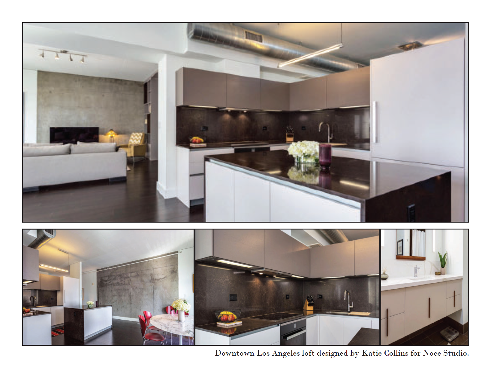 Interior view of a modern loft apartment in Downtown Los Angeles with an open kitchen and living area. The kitchen features sleek gray and white cabinetry with dark countertops, and the living area includes a white sofa, a yellow armchair, and a black rug. There is a concrete wall in the background, along with windowed areas and contemporary lighting fixtures.