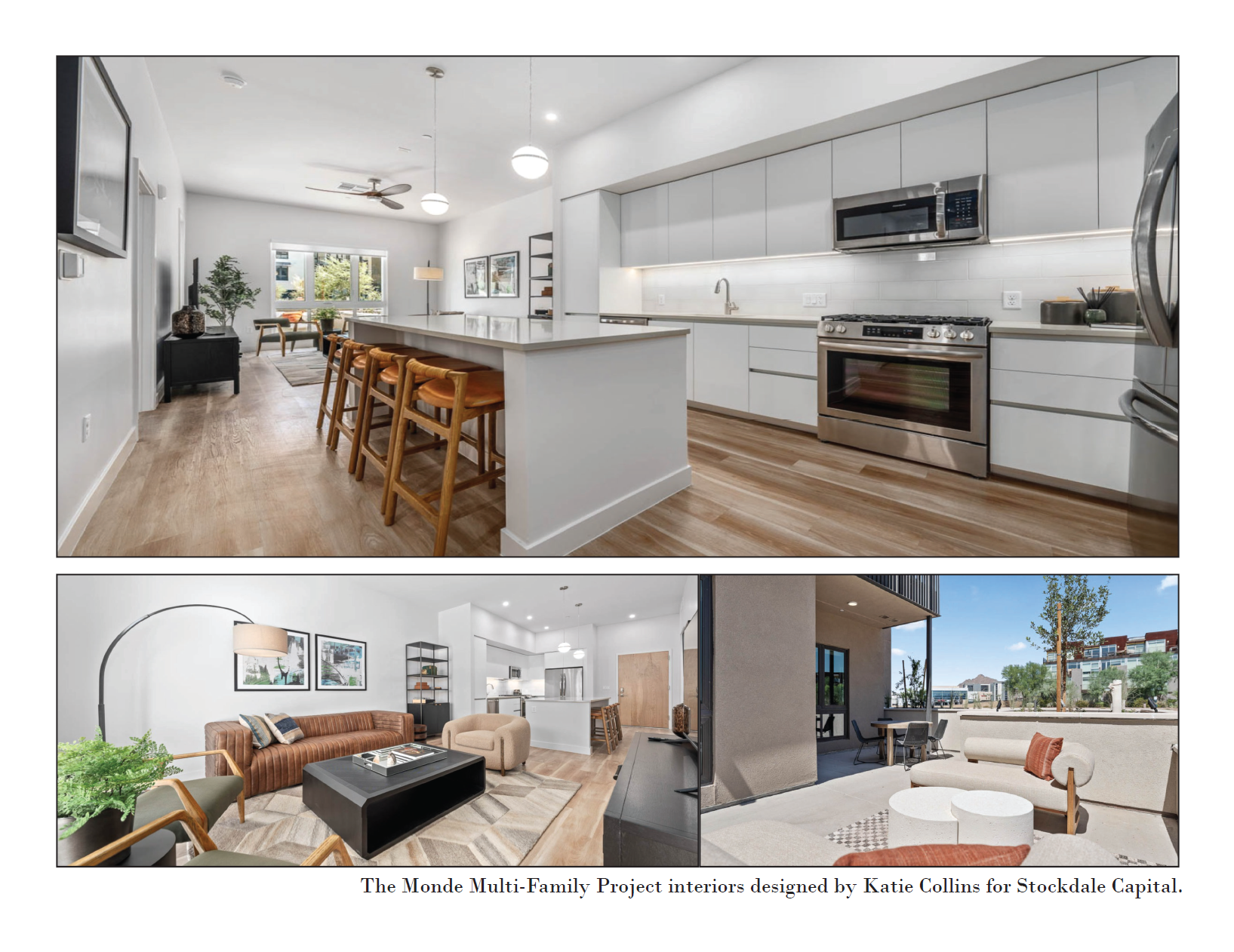 Interior images of modern multi-family residential units, including a kitchen with white cabinetry, wooden flooring, and a living room with contemporary furniture, as part of The Monde Multi-Family Project designed by Katie Collins for Stockdale Capital.