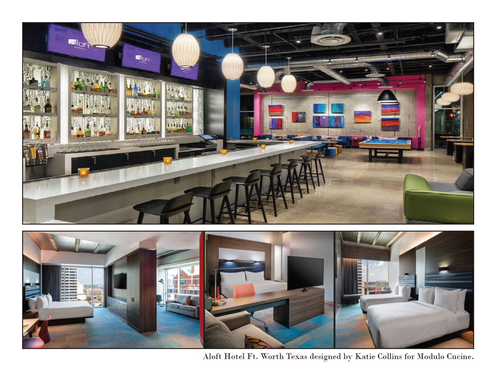 Multiple images of modern hotel rooms and lobby. The top image shows a contemporary hotel bar with barstools, artwork, and ambient lighting. The bottom images depict stylish, well-lit hotel rooms with large beds, windows with city views, and comfortable seating areas.