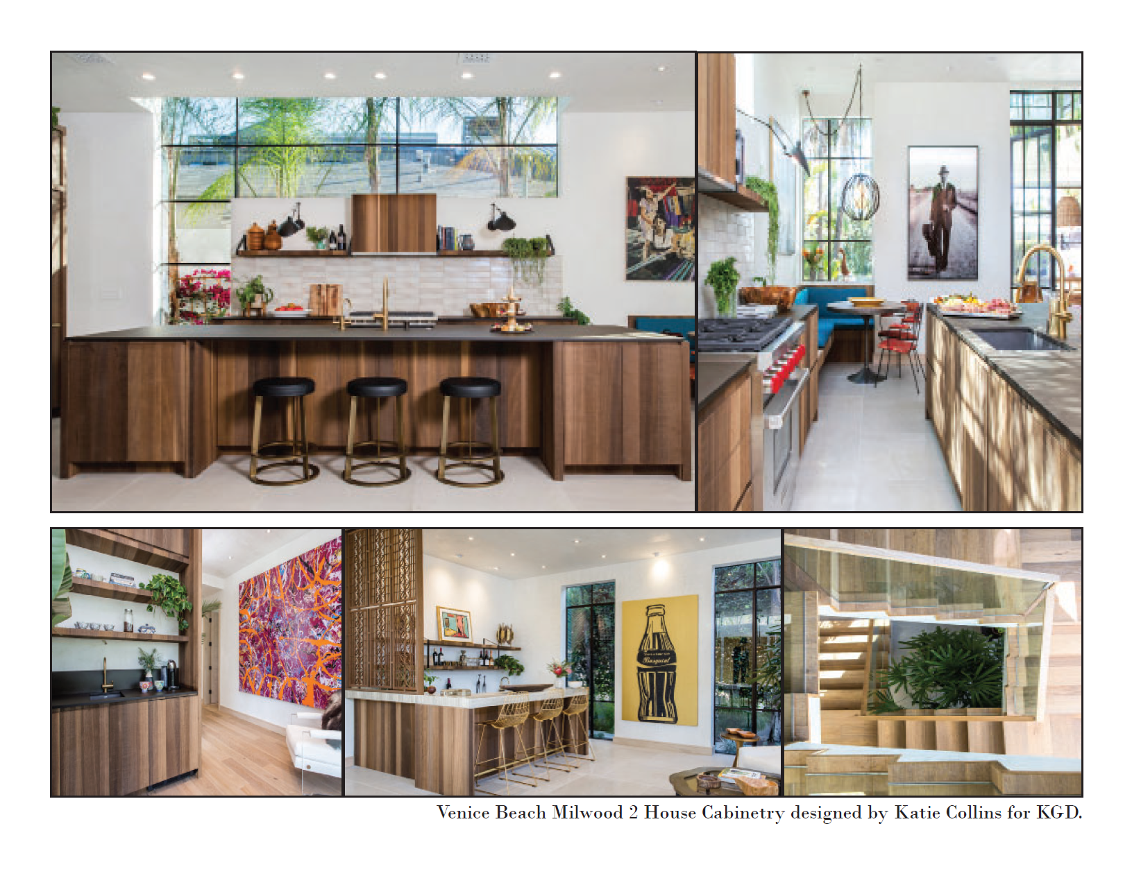 Interior design collage of modern kitchen and living spaces featuring wood cabinetry, colorful artwork, and natural light, designed by Katie Collins for KGD.