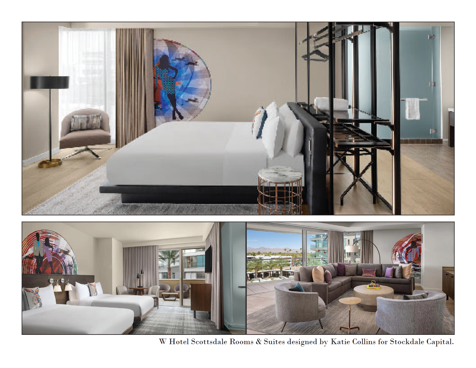 Collage of three hotel room and suite interiors at W Hotel Scottsdale, designed by Katie Collins for Stockdale Capital, featuring modern furniture, artwork, and scenic views.