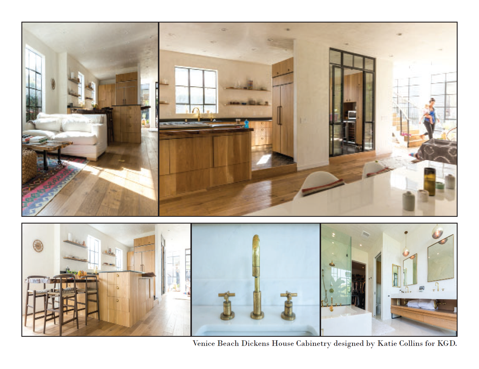 Interior images of a modern house with wooden cabinetry, open kitchen, and living spaces, featuring large windows, minimalist decor, and a person walking down stairs near glass doors.