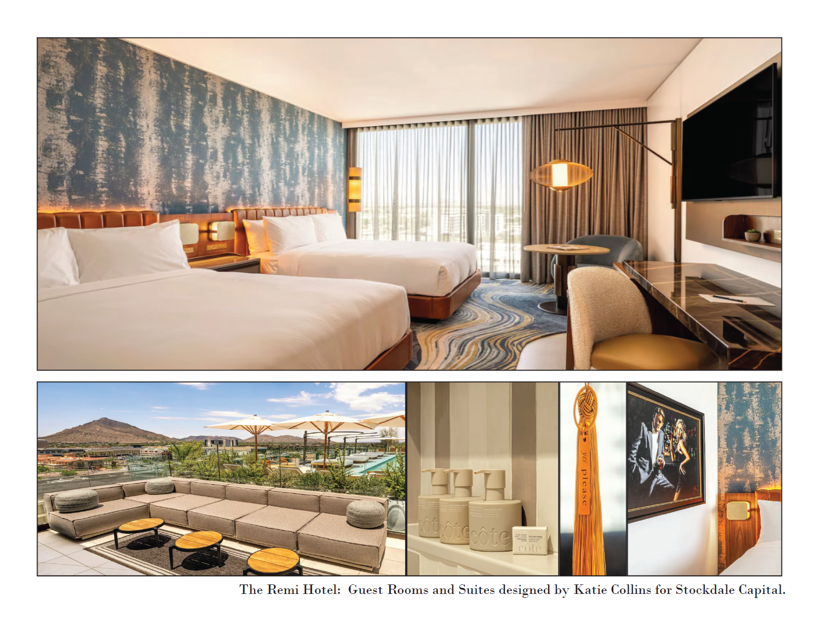 Interior of The Remi Hotel guest room with two beds, large windows with curtains, a desk, a television, and a sitting area, showing modern decor and a city view.