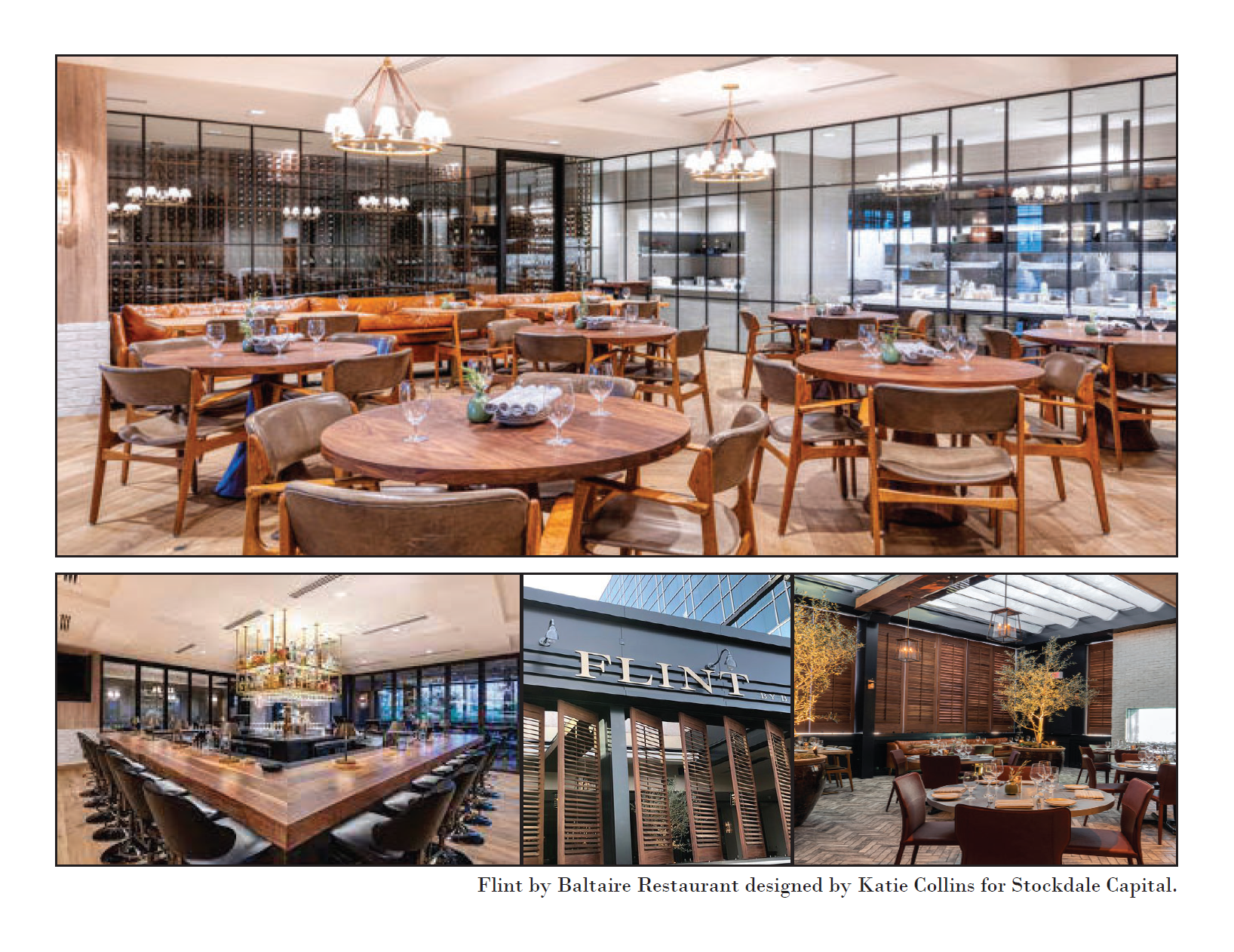 Interior view of Flint restaurant showcasing various dining areas with wooden tables, chairs, and modern decor, designed by Katie Collins for Stockdale Capital.