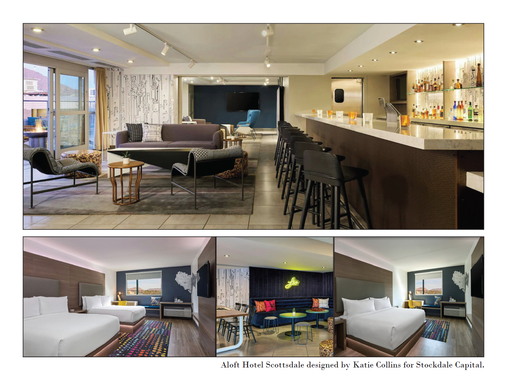 Interior of the Aloft Hotel Scottsdale featuring a lounge area with seating, a bar with high chairs, and modern decor.
