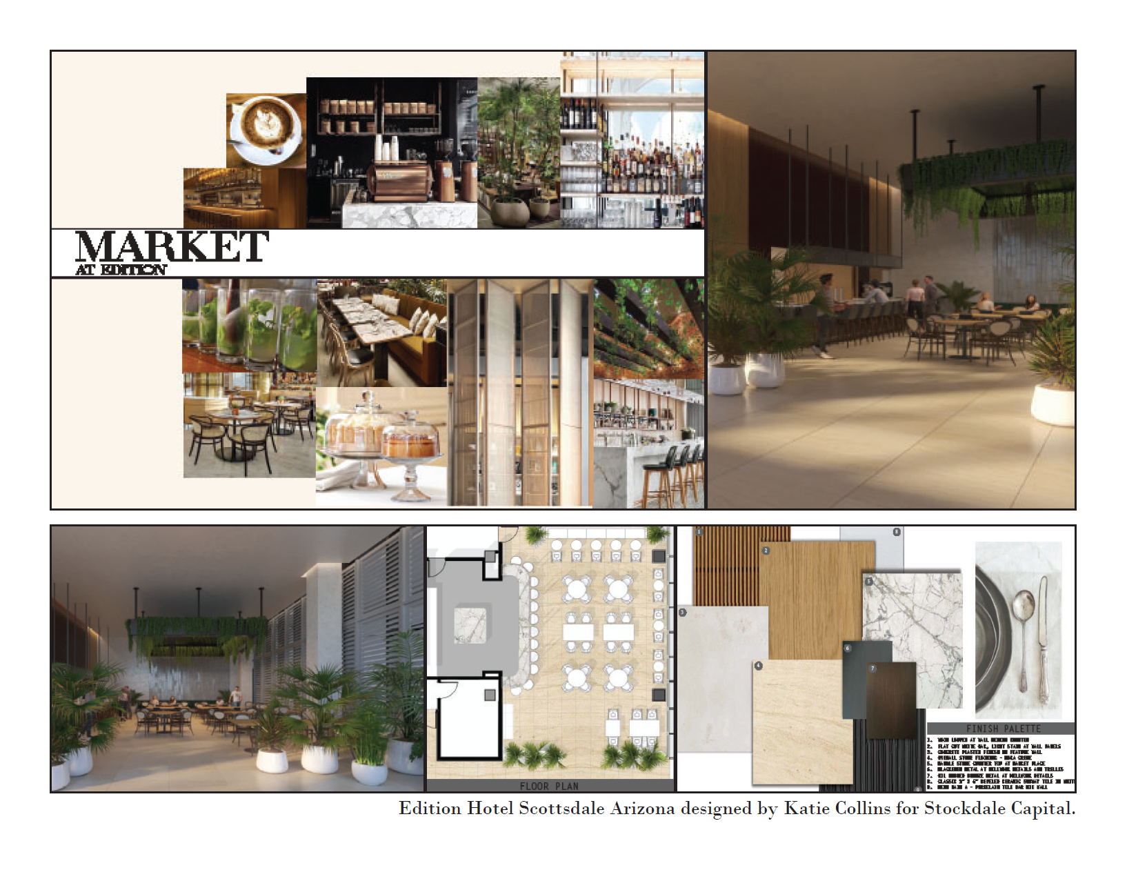 A collage of design images and floor plans for Edition Hotel Scottsdale Arizona, showcasing interior and exterior spaces with modern decor, lush greenery, dining areas, and construction details.
