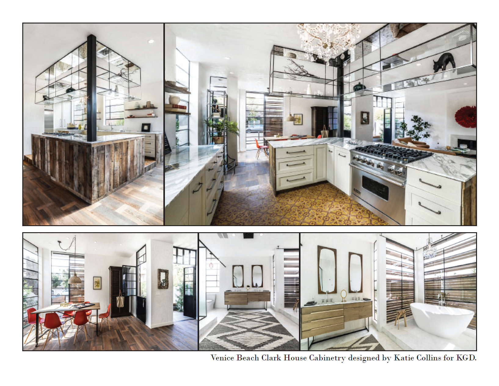 Interior view of a modern house with an open kitchen, dining, and living area. Features include wood floors, white walls, large windows, and eclectic decor. The kitchen has a white island with a marble countertop, black hardware, and stainless steel appliances. The dining area has a wooden table with red chairs. Decorative items include potted plants, mirrors, and a chandelier.