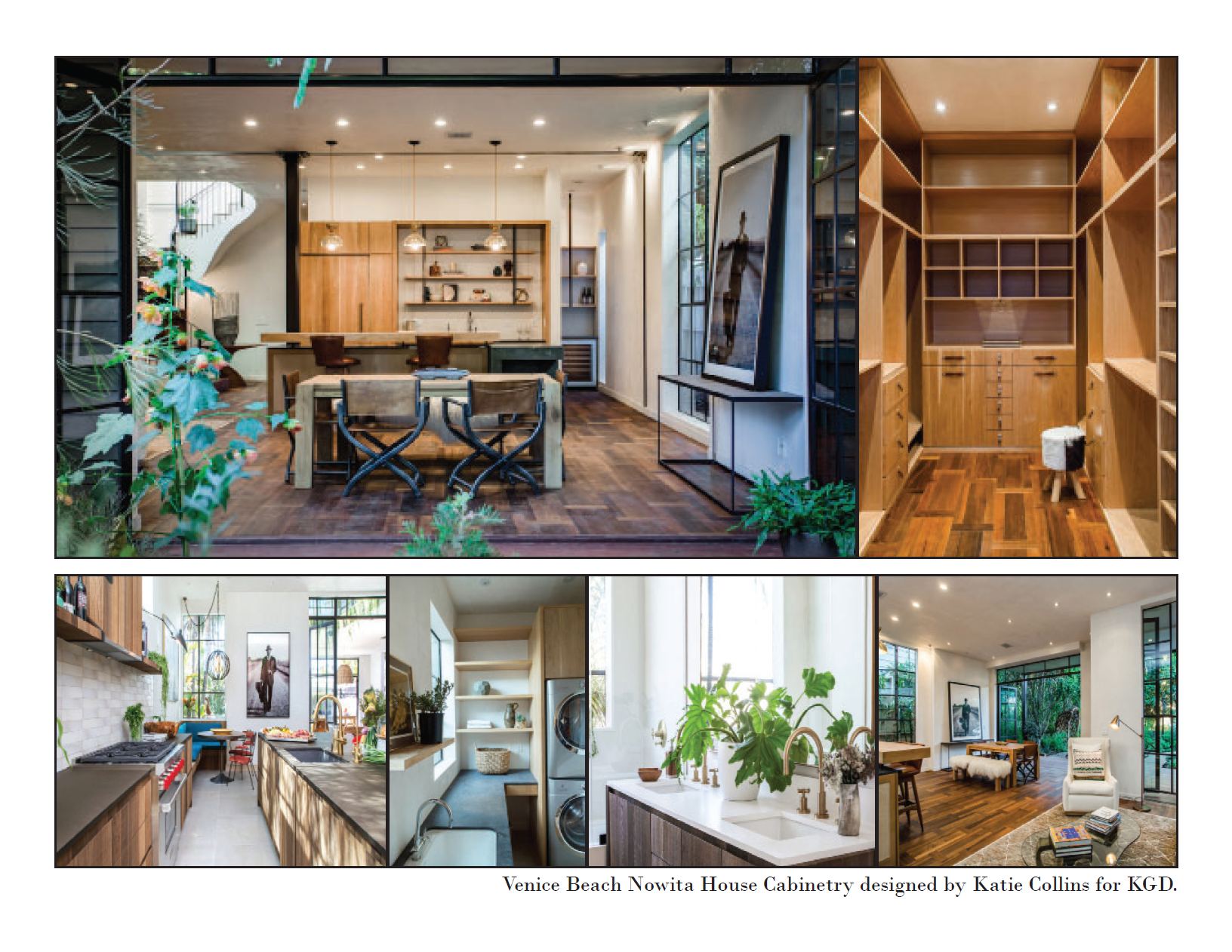 Collage of various interior design photos of a modern home, including a kitchen, laundry room, living area, and pantry, with natural light and plants, showcasing warm wood cabinetry and contemporary decor, designed by Katie Collins for KGD.