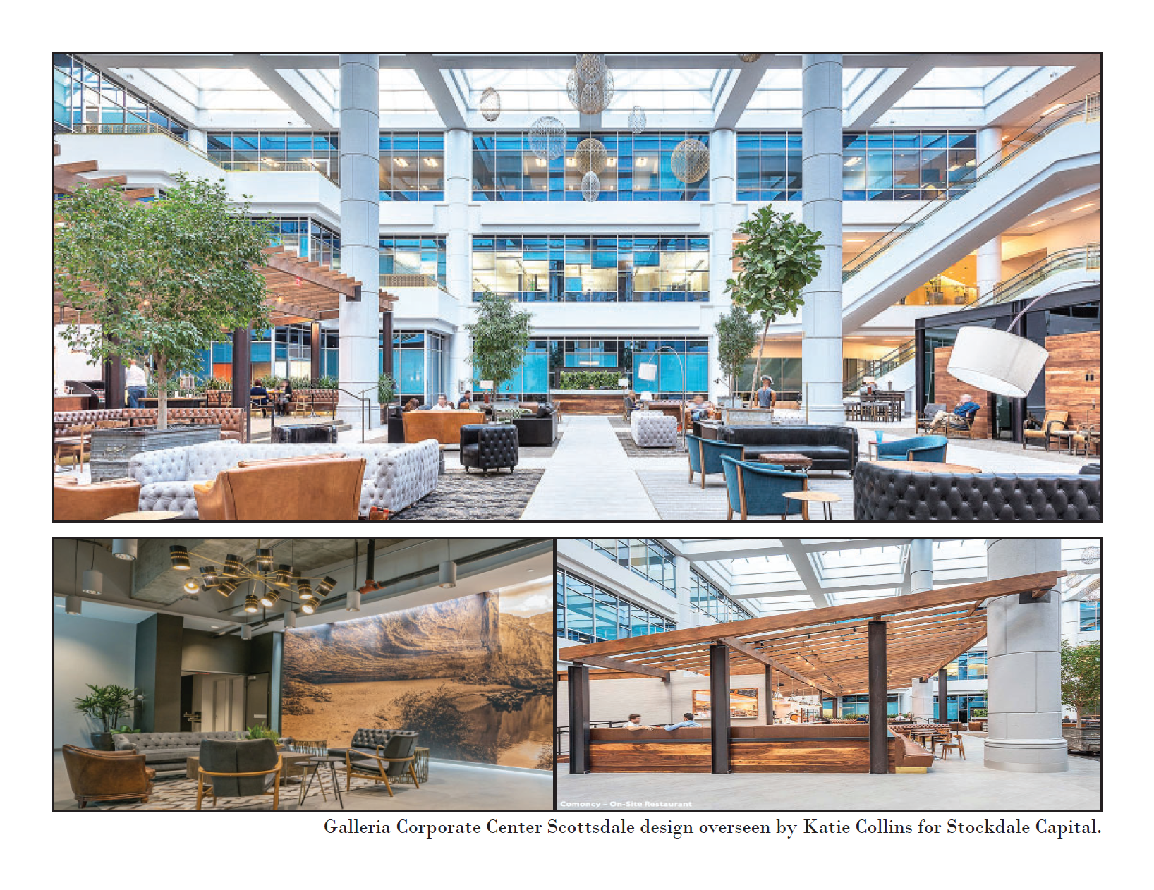 Interior view of Galleria Corporate Center in Scottsdale with modern decor, seating areas, and large windows with natural light.
