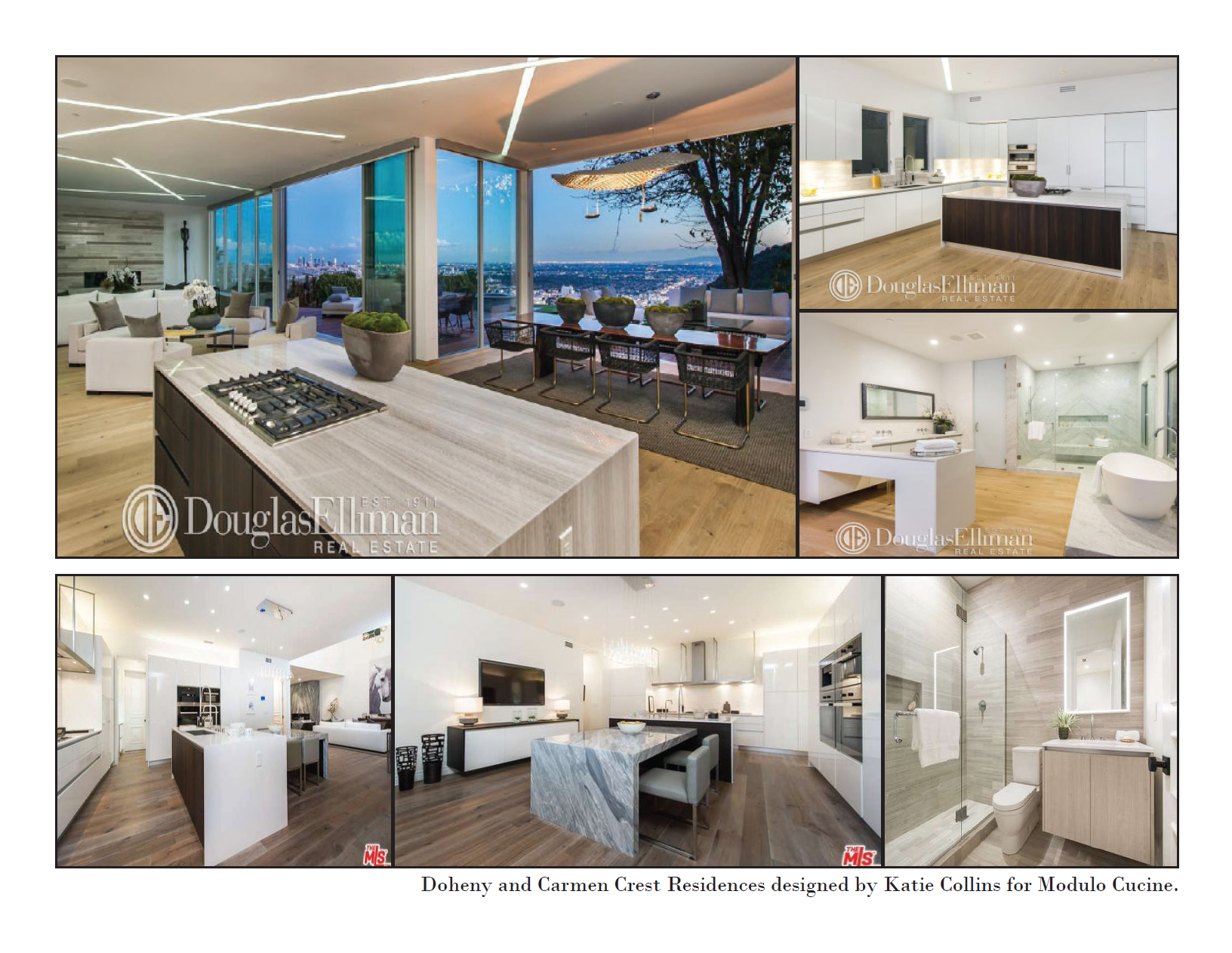 Collection of interior photos of modern residential spaces, including a living room with large windows and city view, a contemporary kitchen with white cabinets, a bathroom with a walk-in shower, and a separate toilet area, all designed by Katie Collins for Module Cucine.