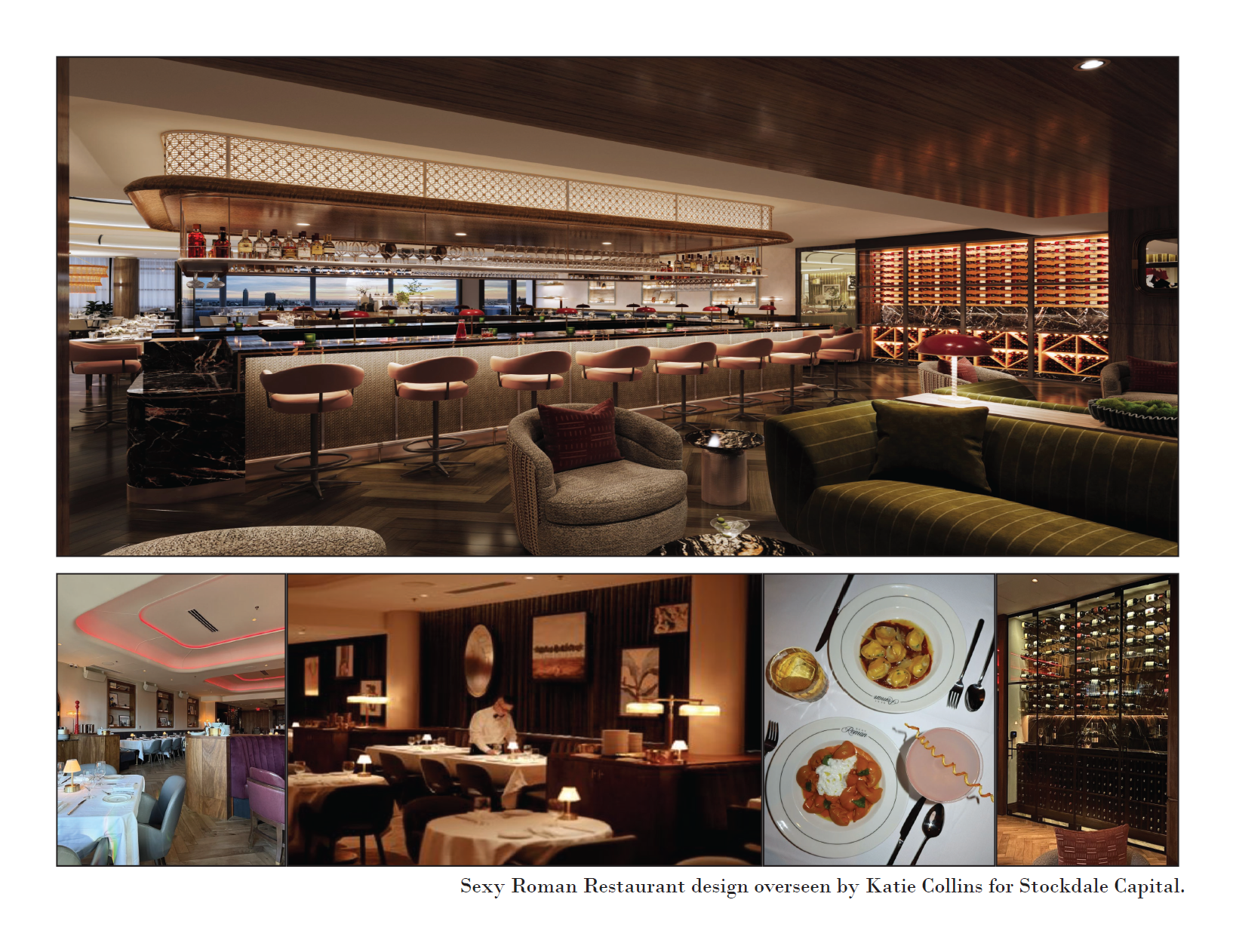 A luxurious bar and restaurant interior with a modern design featuring a marble bar counter, pink bar stools, a lounge area with plush chairs and a sofa, and a wine wall. The restaurant offers scenic city views through large windows and has stylish lighting and decor.