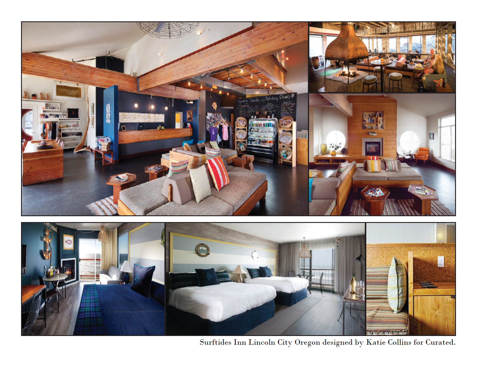 Collage of interior hotel rooms and common areas at Surftides Inn in Lincoln City, Oregon, designed by Katie Collins, showcasing cozy and modern decor.