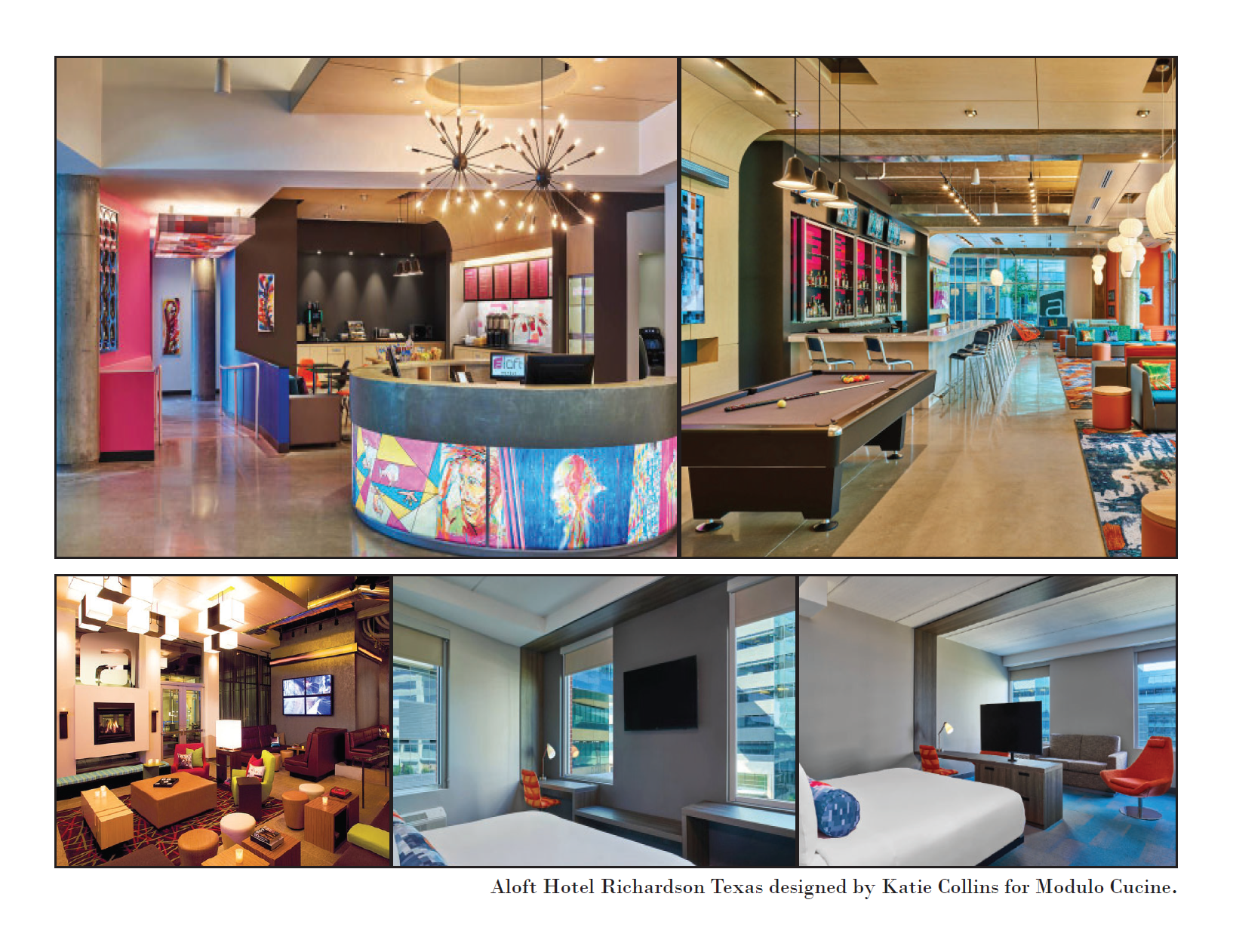 Collage of interior spaces in the Aloft Hotel Richardson Texas, including the reception desk, lounge area, game room with pool table, and rooms with modern furniture and large windows.