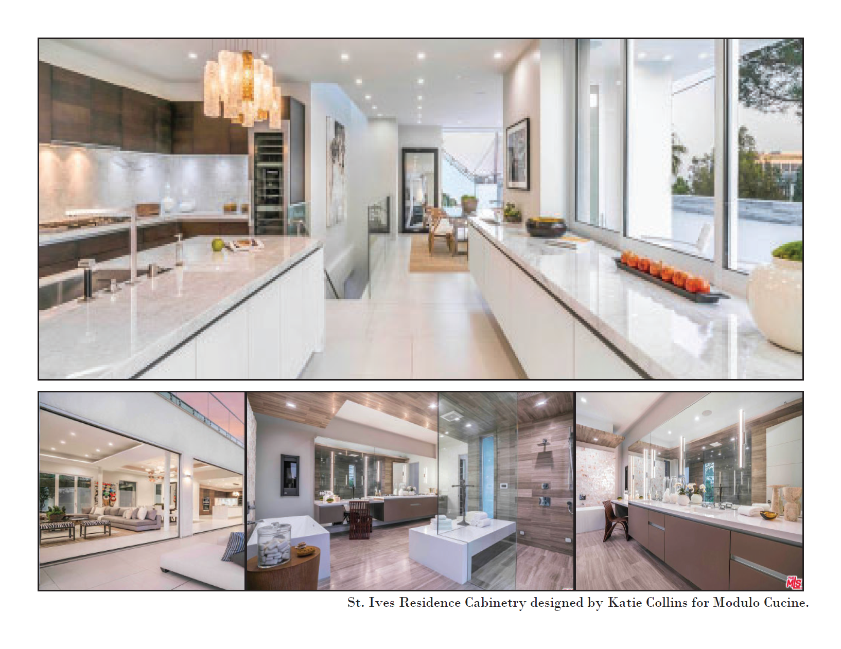 Interior images of a modern, upscale residence showcasing a kitchen with white cabinetry, marble countertops, and large windows, a living area with neutral tones and contemporary furniture, and a bathroom with a walk-in shower and wood accents. The images highlight spacious, bright, and stylish home design by Katie Collins for Modulo Cucine.