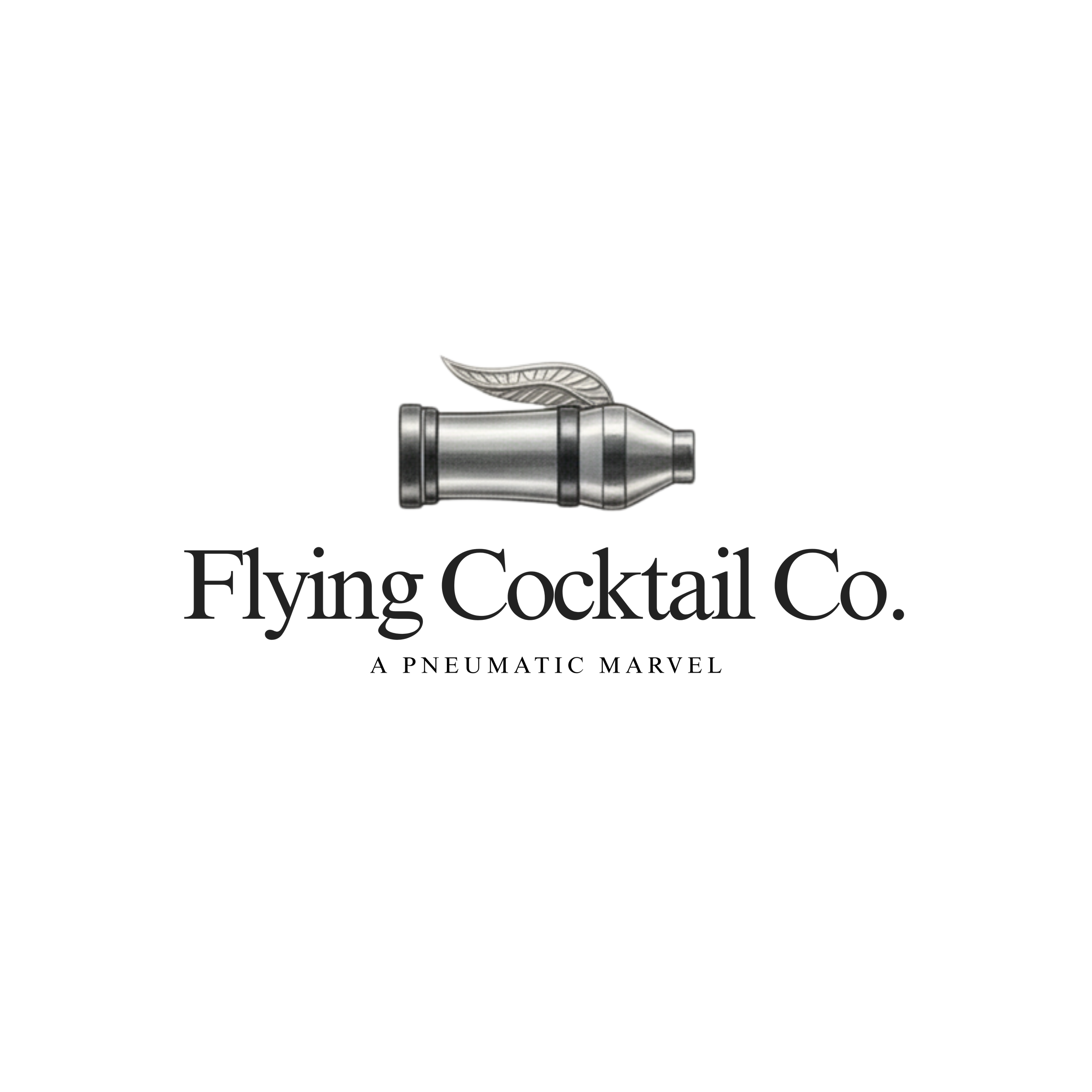 A metallic cocktail shaker with a lid and a leaf-shaped garnish on top, positioned above the text "Flying Cocktail Co." on a black background.