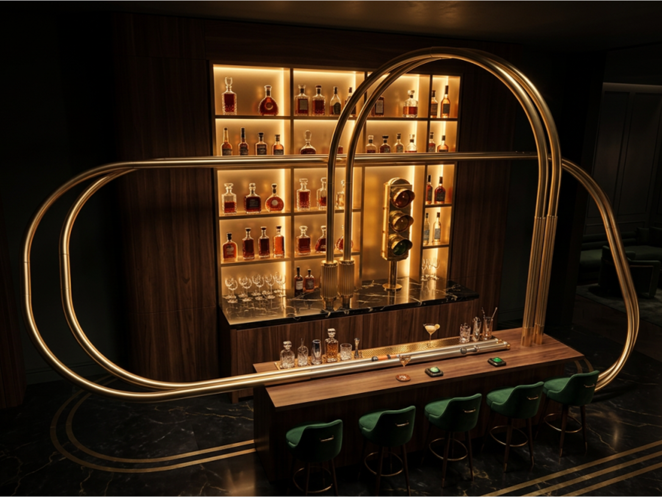 A luxurious bar with a backlit display of various whiskey bottles on shelves. The bar features a curved gold metal frame, dark wood paneling, a black marble countertop with golden lines, green velvet bar stools, and glasses on the counter.
