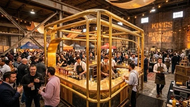 Crowd at a bar with a golden, cage-like structure, inside a large industrial-style venue with warm lighting and various tents and booths.