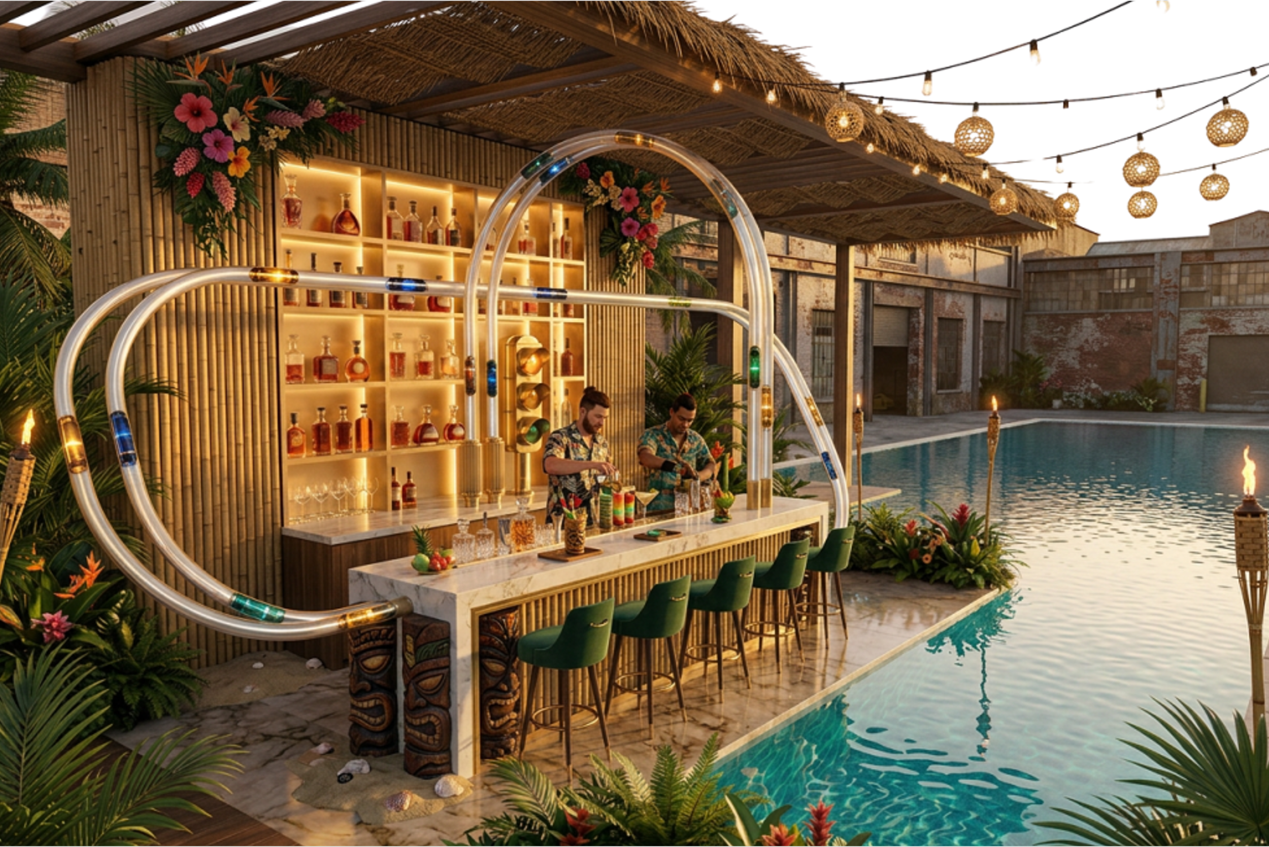 A tropical outdoor poolside bar area decorated with tropical plants, colorful flowers, and illuminated shelves with bottles of alcohol. Two men are preparing drinks behind the bar, which has high bar stools. The area is covered with a thatched roof, and there are hanging lanterns and tiki torches by the pool.