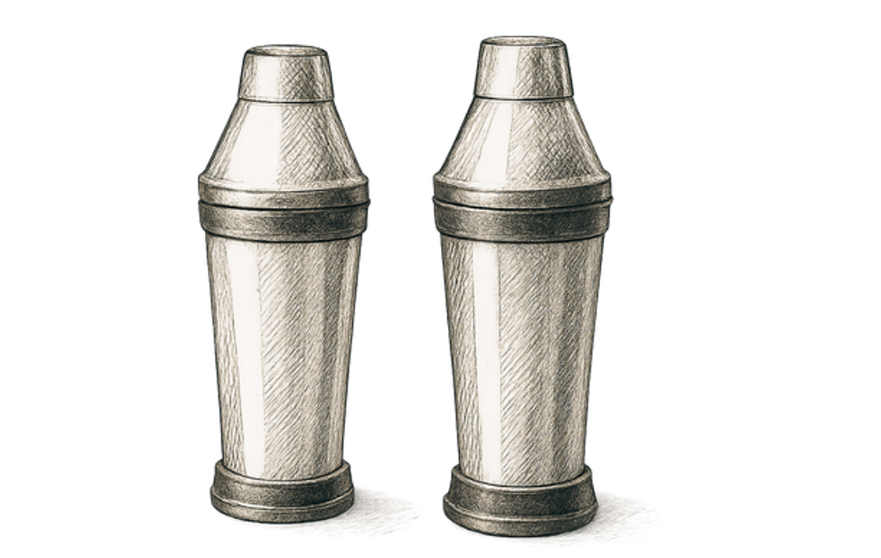 Two salt and pepper shakers with a silver metallic finish.