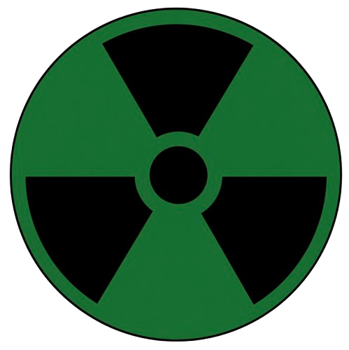 A circular warning sign with a green background and black radiation symbol in the center.