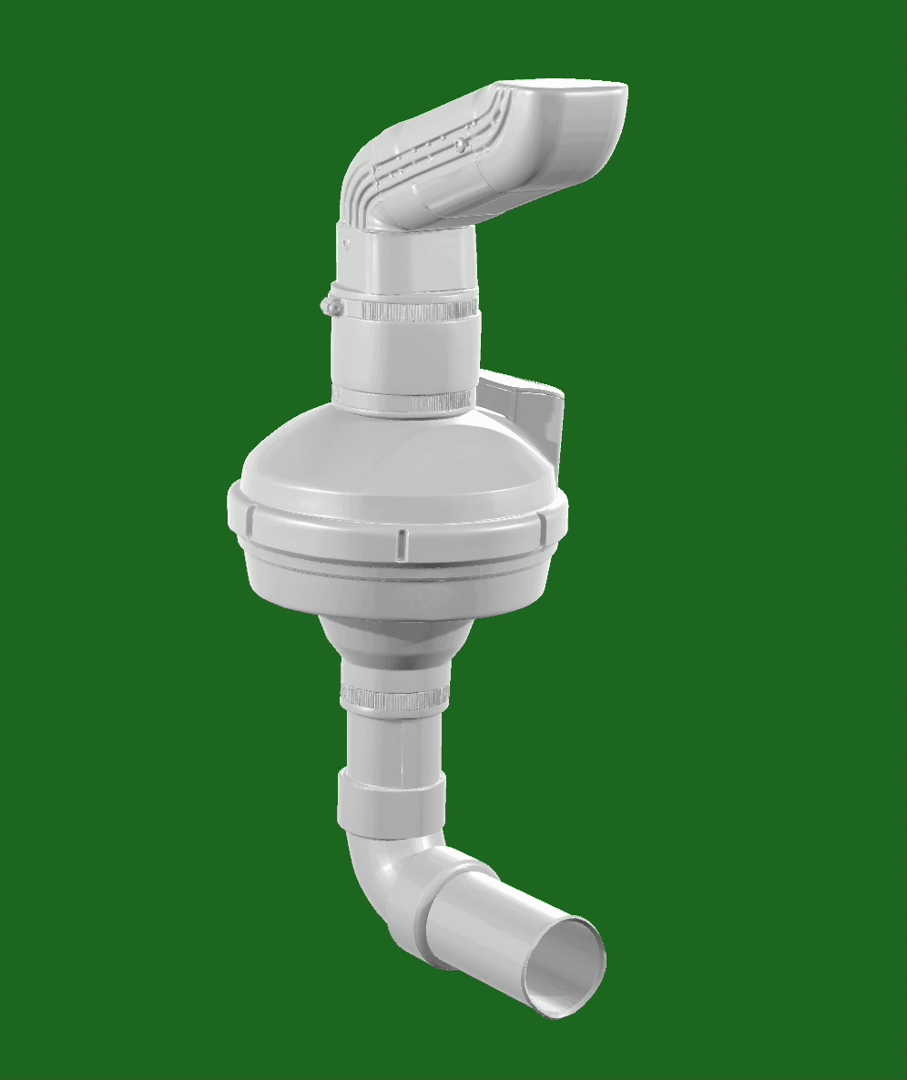 A white plastic sewer drain with a curved pipe on a green background.