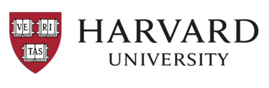 Harvard University logo with a shield featuring the word 'VERITAS' in Latin, and the text 'Harvard University' in black on a purple background.