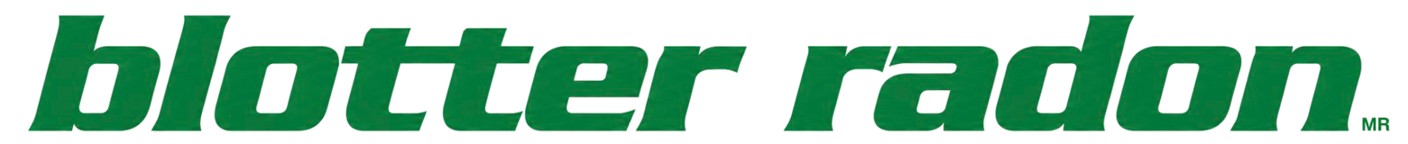 Close-up of a logo with the words 'blotter radon' in green, italicized text on a transparent background.