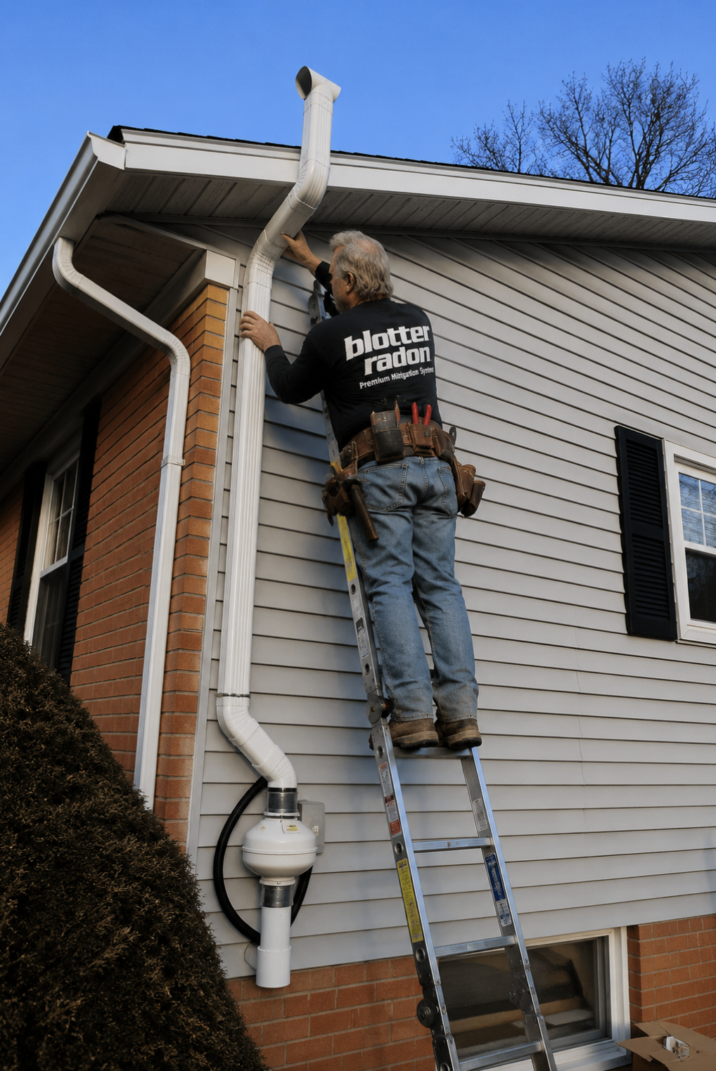 A man working on the gutters of a house while standing on a ladder, wearing a black shirt that says "blotter radon" and carrying tools in a tool belt.