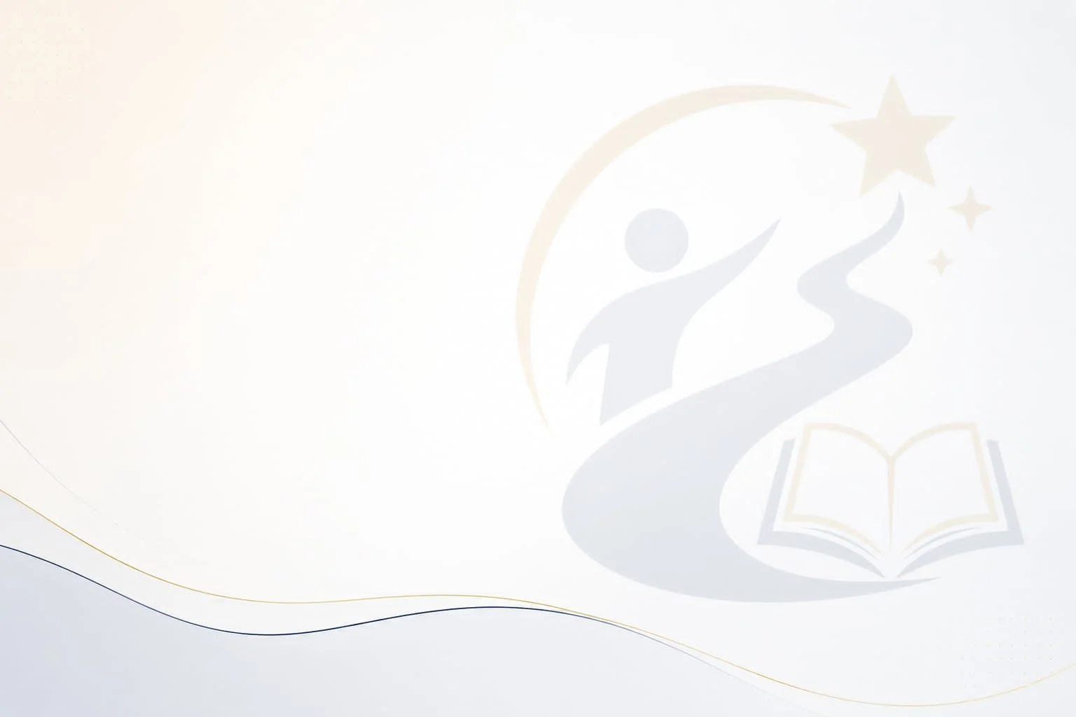 Logo d'une figure humaine avec une étoile et des petits étoiles, un livre ouvert en bas, couleurs or et gris clair sur fond blanc.