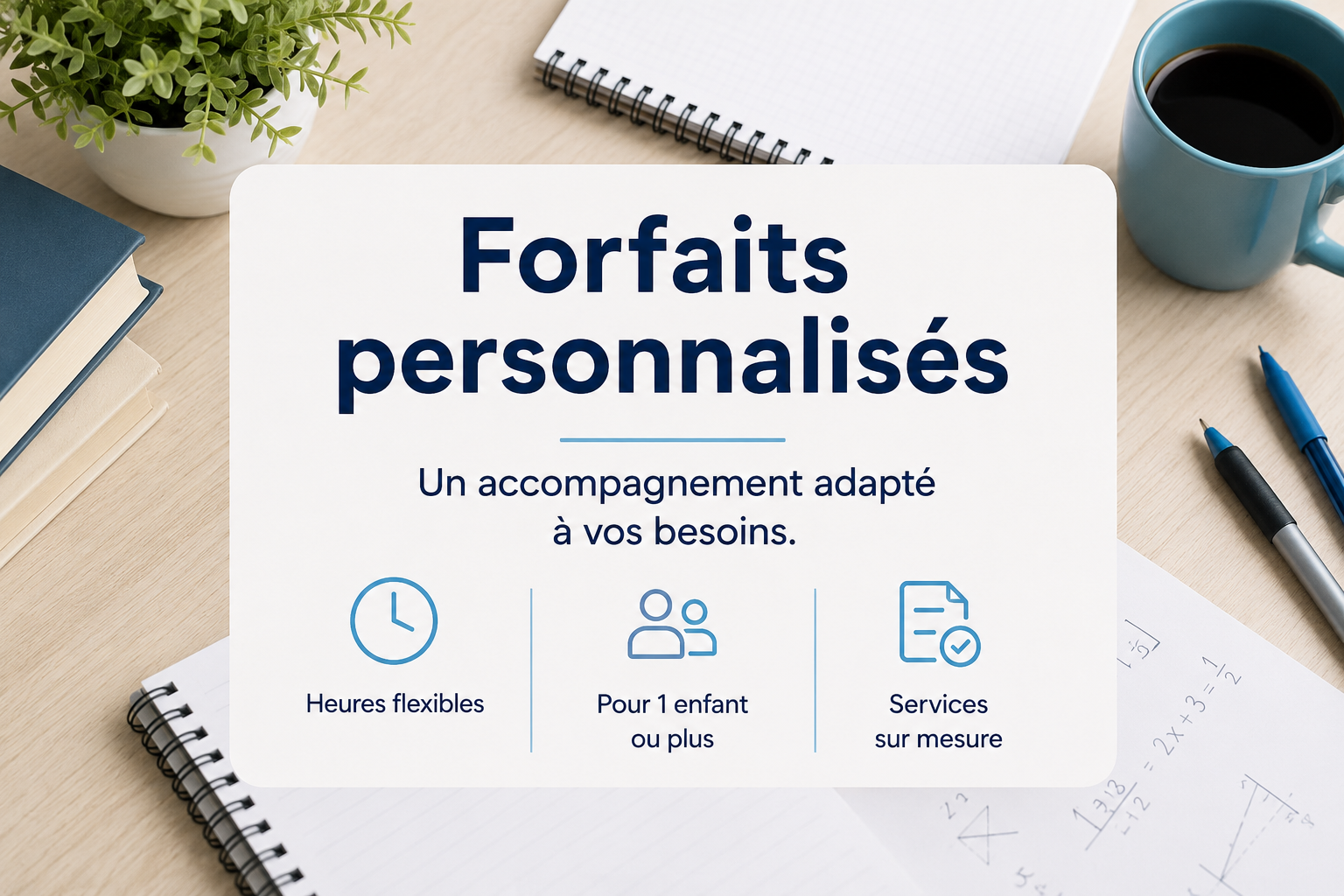 Une affiche promotionnelle pour des forfaits personnalisés présentant des options pour des heures flexibles, pour un enfant ou plus, et des services sur mesure, avec une table en bois, des livres, un carnet, un mug à café, deux stylos et une plante verte.